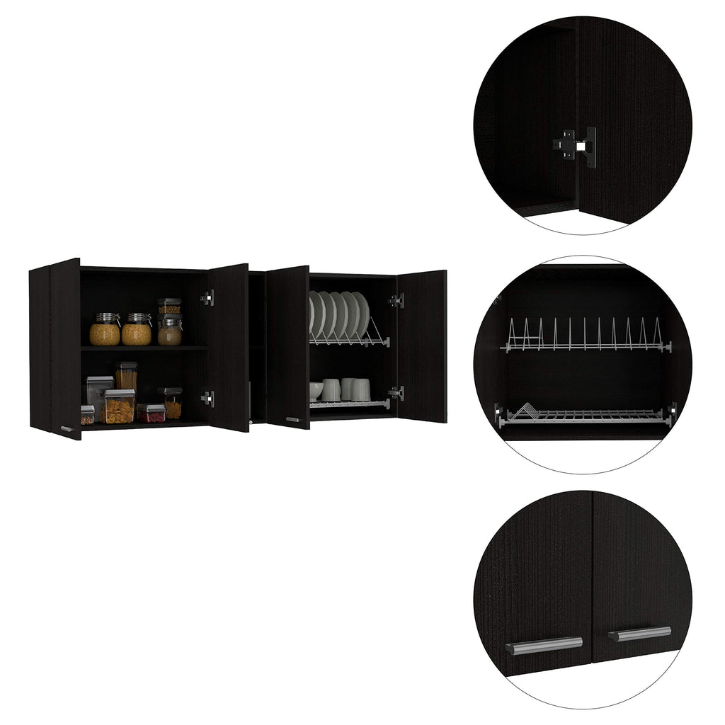 DEPOT E-SHOP Olimpo 150 Wall Cabinet with Four Doors, Two Open Storage Shelves, Two Internal Shelves, Internal Dish and Glass Organizer, 24" H, Black, Kitchen