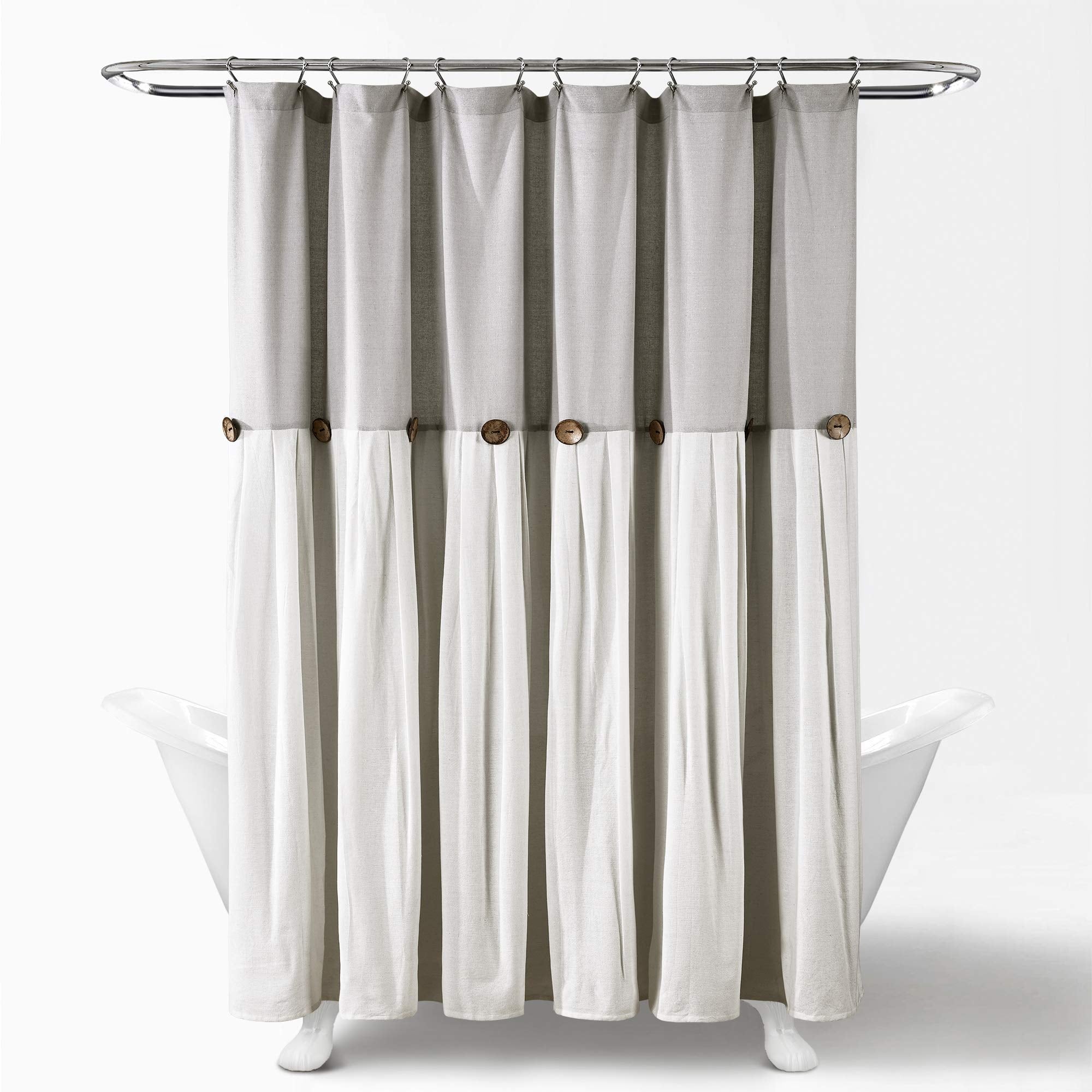 Lush Decor Linen Button Shower Curtain, 72'' W X 84'' L, Gray & Off White - Rustic Extra Long Shower Curtain - Color Block Bath