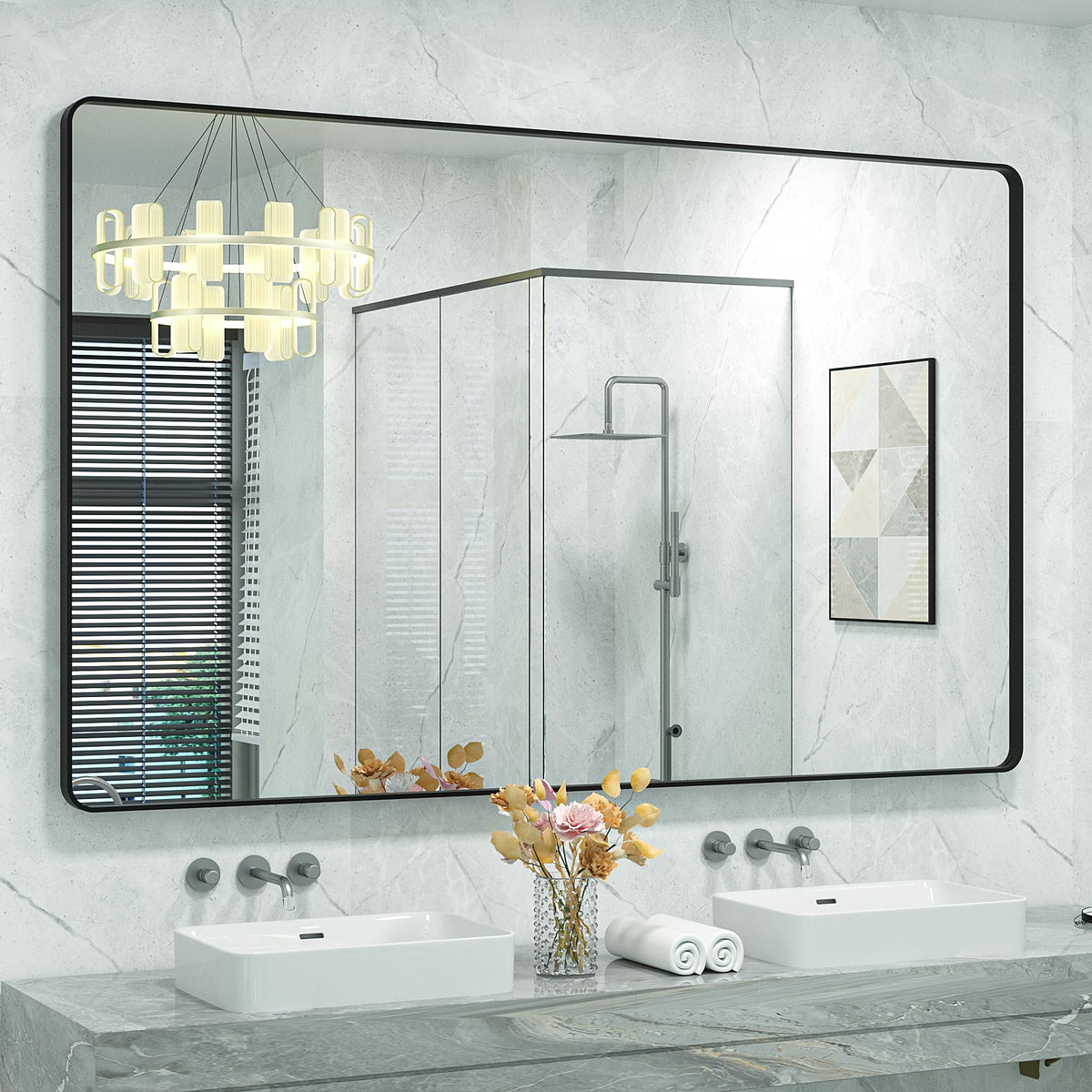 CHARMOR 60x40 Inch Black Metal Framed Bathroom Mirror for Wall, Large Rounded Rectangle Mirror, Matte Black Bathroom Vanity Mirr