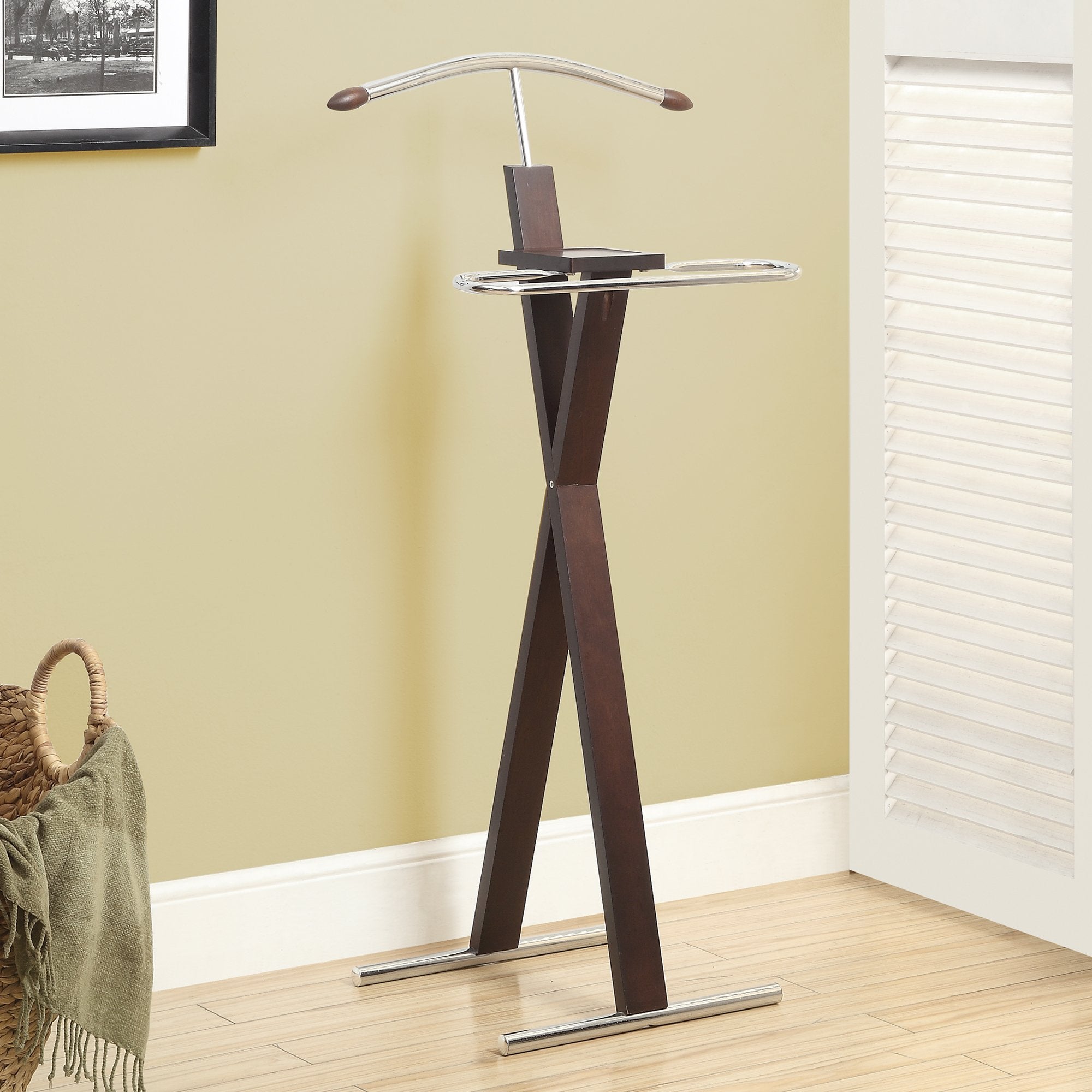 Monarch Specialties 2024 Valet Stand, Organizer, Suit Rack, Bedroom, Wood, Metal, Brown, Chrome, Contemporary, Modern Accent Espresso, 21' L x 14.25' W x 42.5' H, Cappuccino