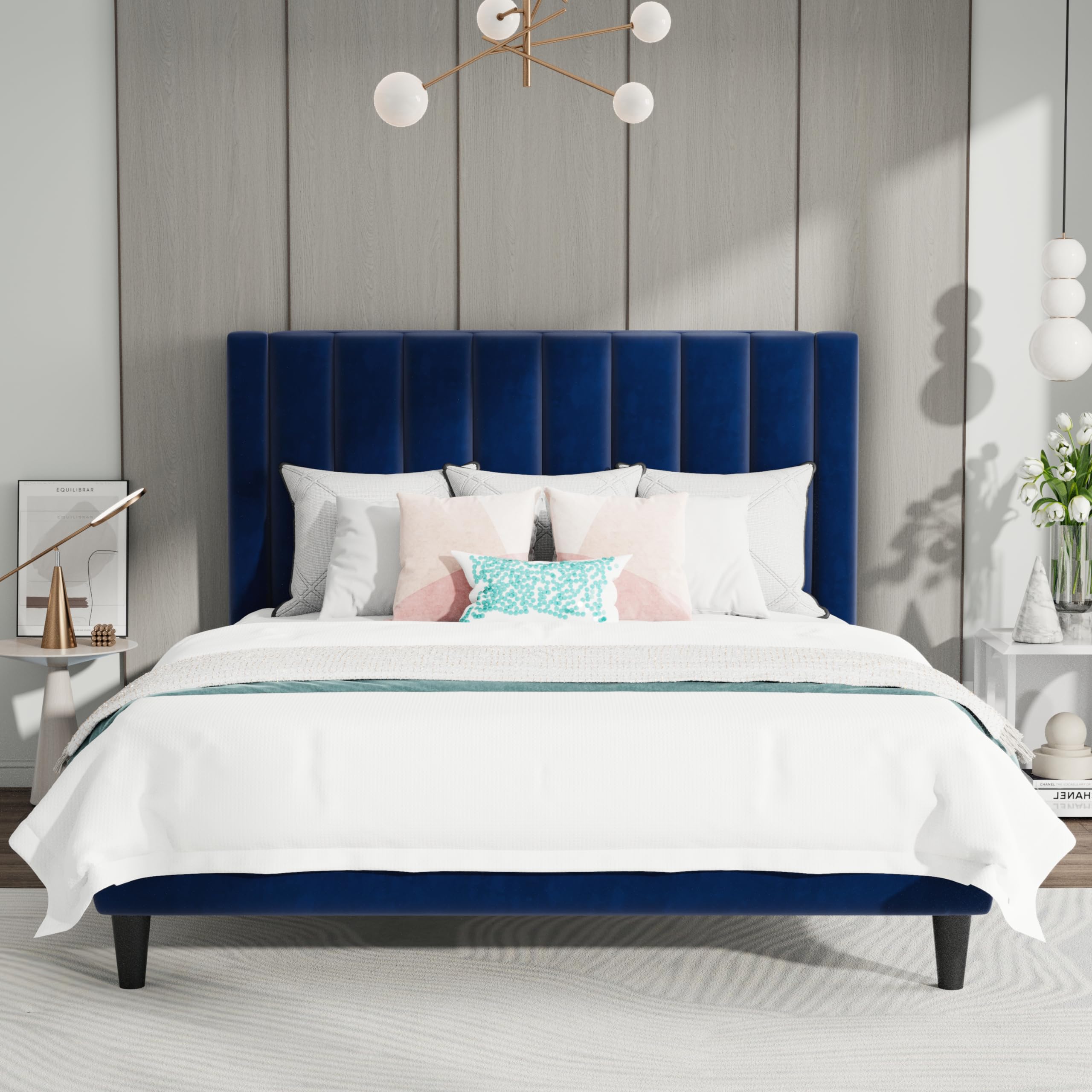 Sha Cerlin Queen Bed Frame/Velvet Upholstered Platform Bed Frame With Headboard/Strong Wood Slats Support/Mattress Foundation/No Box Spring Needed - Dark Blue
