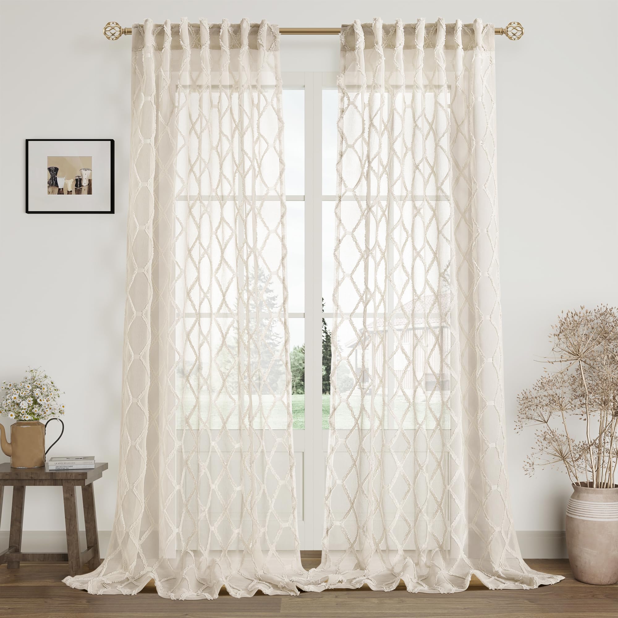 Beige Sheer Curtains 84 Inches Long For Living Room Rod Pocket Back Tab Semi Sheer Curtain Geometric Embroidered Tuft Pom Textur