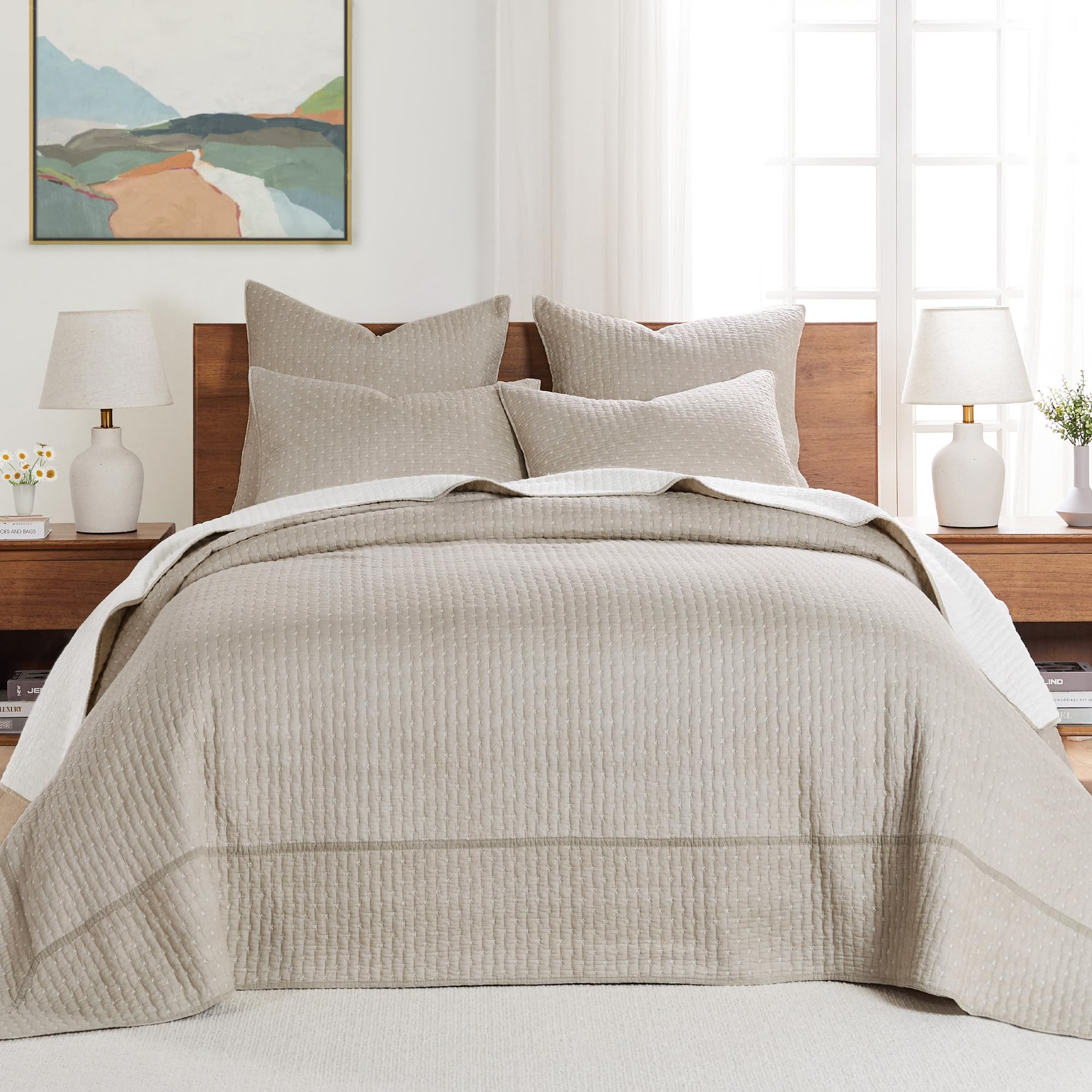 Levtex Home - Cross Stitch Taupe Bedspread Set - King Quilted Bedspread And Two King Shams - Cross Stitch Pattern - Bedspread (1