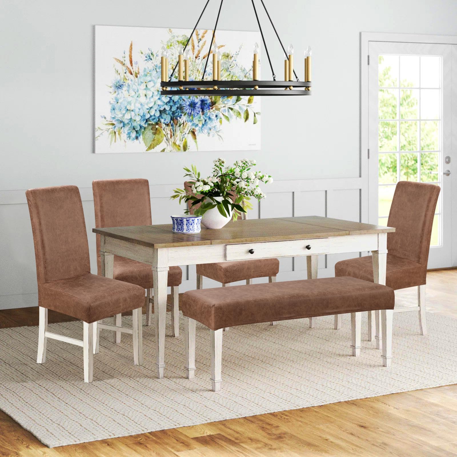 Fuloon Stretch Bench Cover for Dining Room, Anti-Dust Removable Cushion Protector, Brown Seat Cover for Kitchen, Hotel, Banquet