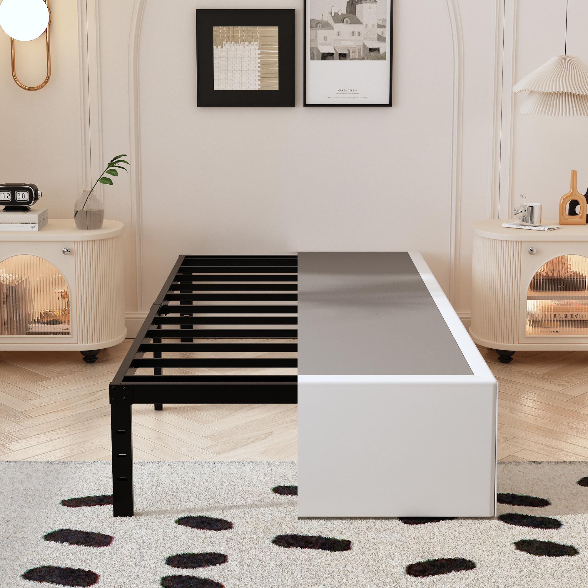 Maenizi Twin Bed Frame With White Fabric Cover 14 Inch, Heavy Duty Metal Bed Frame Twin, No Box Spring Needed, Support Up To 2500 Lbs, Easy Assembly, Noise Free, Black