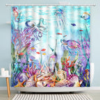 Blue Ocean Seaworld Shower Curtain, Marine Life Shower Curtain Beach Turtle Octopus Sea Horse Coral Star Conch Fish Thick Shower