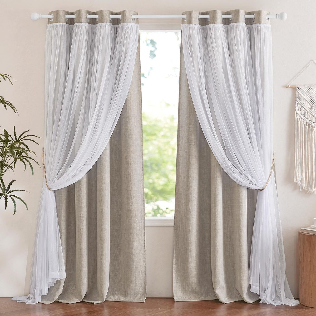 Nicetown Faux Linen Blackout Curtains With Sheer Overly 84 Inch Long For Living Room Bedroom, Grommet Thermal Insulated Curtain