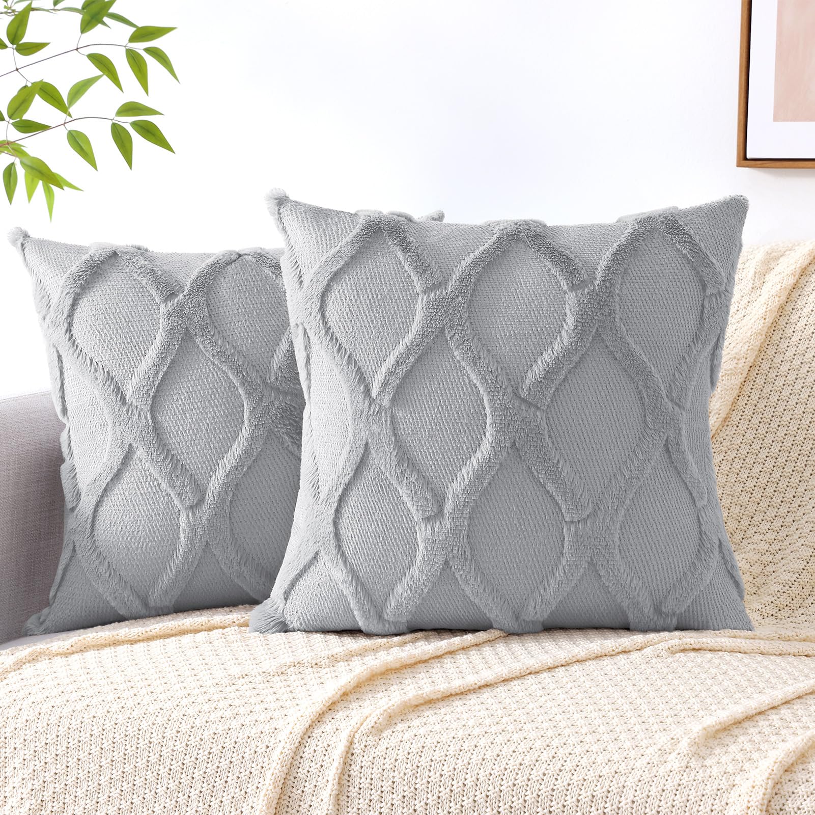 Decoruhome Throw Pillow Covers 20X20 Inch Set Of 2, Soft Plush Faux Fur Wool Grey Couch Pillow Covers, Decorative Pillow Cases For Bed Sofa Living Room Home Decor