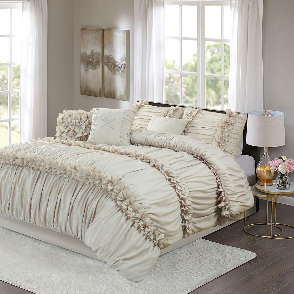 Homechoice Decor 7 Pieces Elegant French Country Bed In A Bag, Camel Handmade Bow Tie Fluffy Bed Comforter With Down Alternative