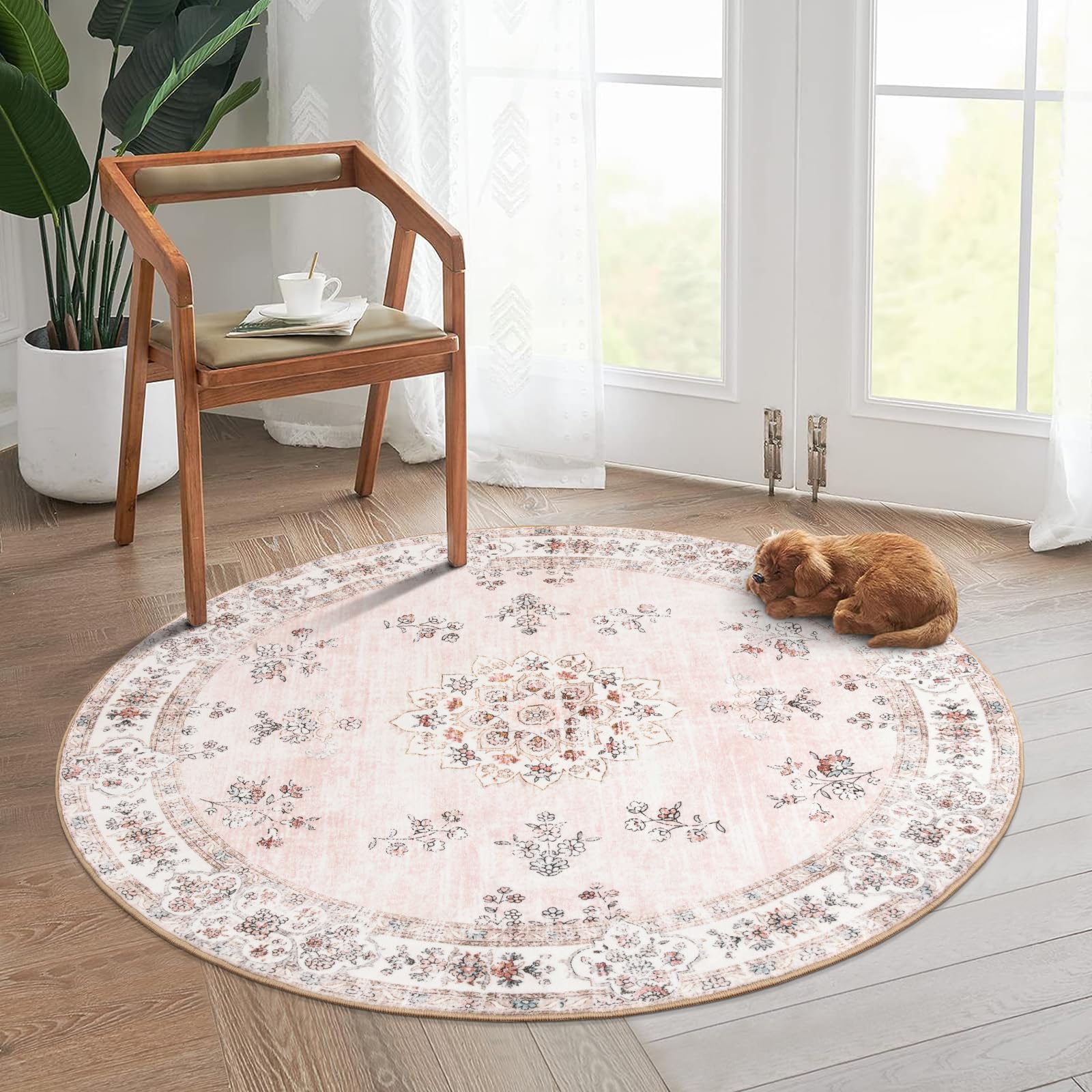 Lahome Washable Pink Round Rug 4ft, Soft Boho Circle Rug for Nursery and Girls, Small Floral Round Area Rug Non-Slip, Pastel Cir