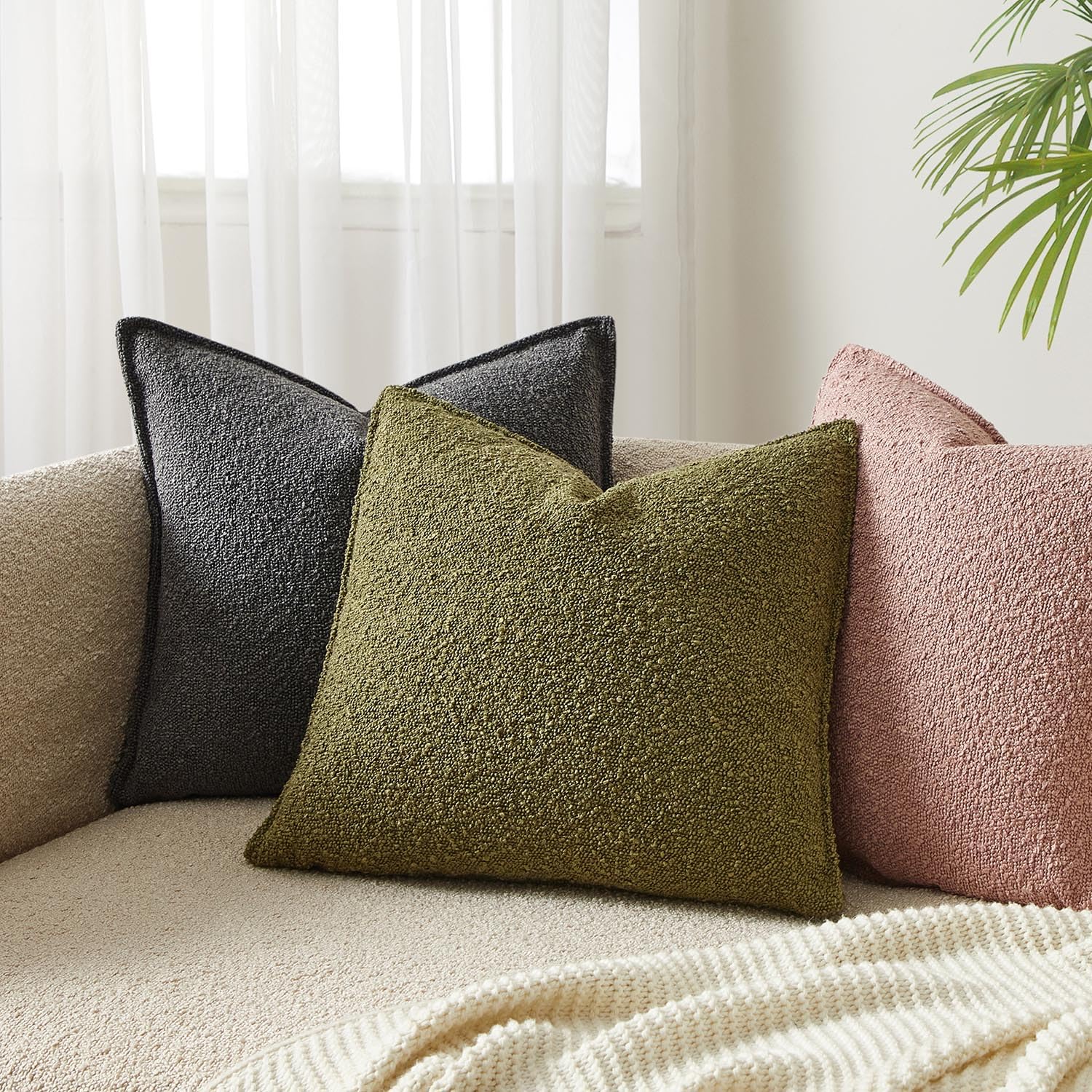 Juspurbet Olive Green Boucle Broadside Throw Pillow Covers 22X22 Inch Set Of 2 For Couch Bedroom Sofa Living Room Decorative Sof