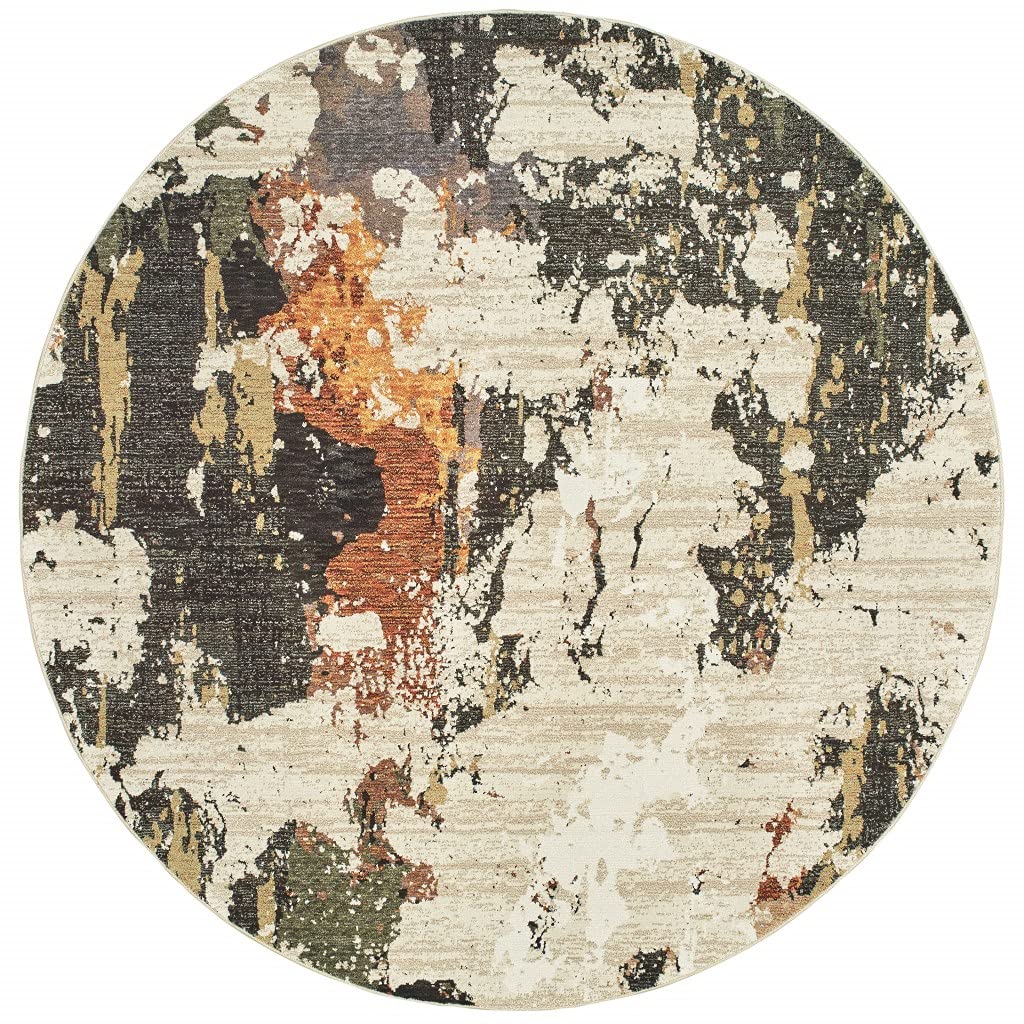 HomeRoots Nylon, Polypropylene 8’ Round Abstract Weathered Beige and Gray Indoor Area Rug