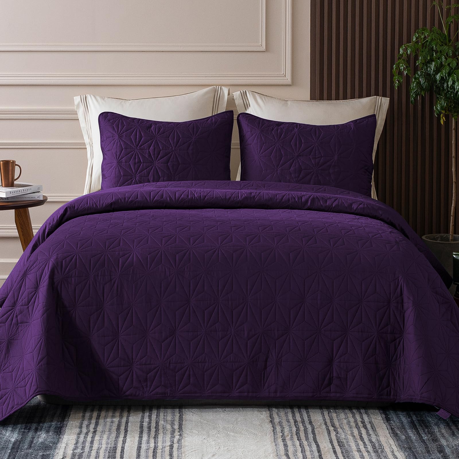 Whale Flotilla California King Bedding Set, Soft Dark Purple Oversized King Quilts Bedspreads For All Seasons, Lightweight Geome