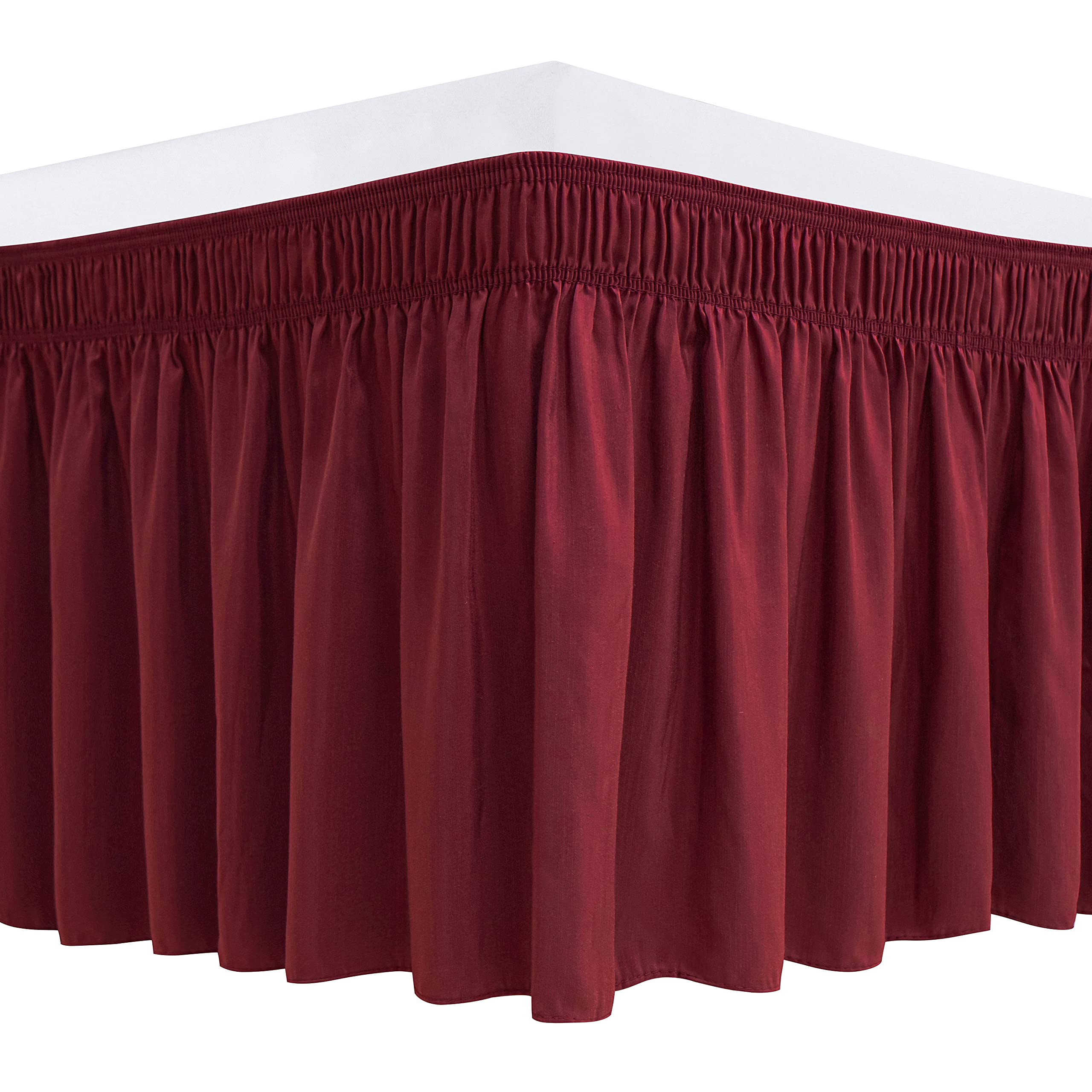 Biscaynebay Wrap Around Bed Skirts For Queen Beds Short Drop Of 12', Burgundy Adjustable Elastic Dust Ruffles Easy Fit Wrinkle