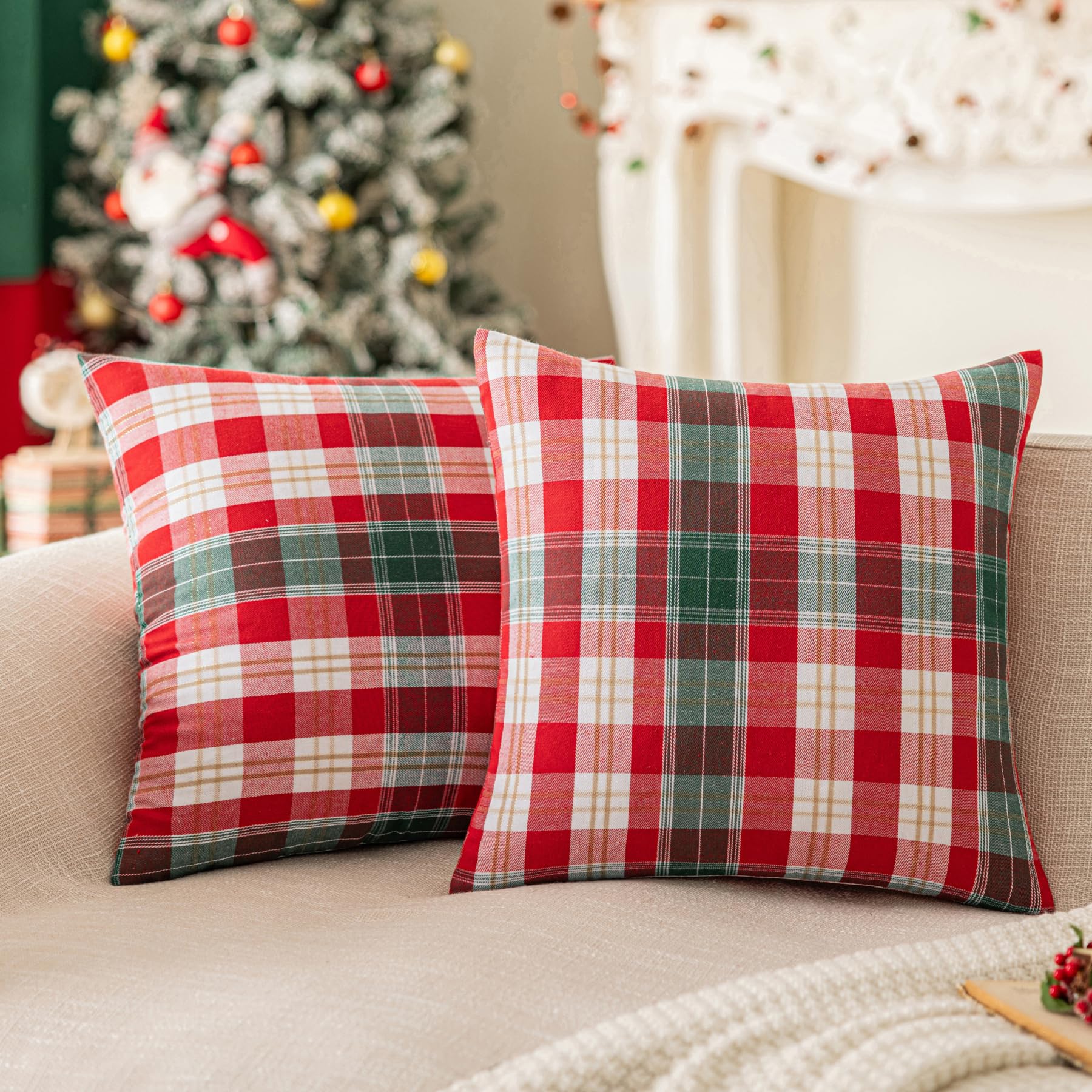 Sinyasan Set Of 2 White Christmas Scottish Plaid Throw Pillow Covers 20X20 Inch Red Woven Farmhouse Winter Decorative Pillow Cov