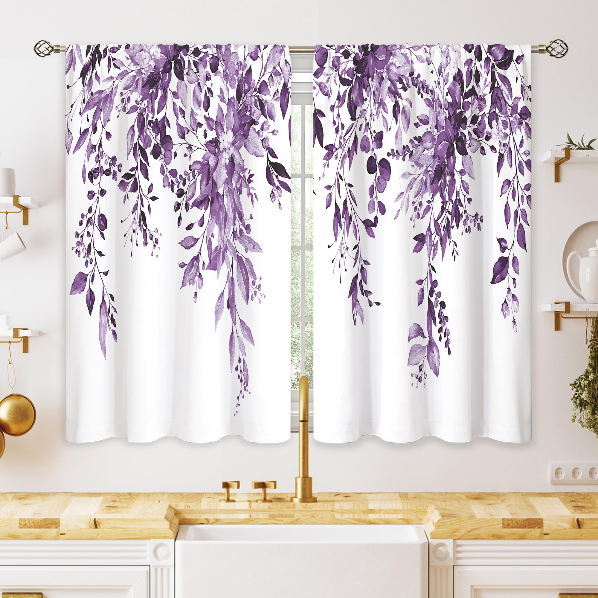 Oolygoo Eucalyptus Botanical Leaves Purple Floral Kitchen Window Curtains Over Sink Farmhouse Flower Leaf Small Window Treatment