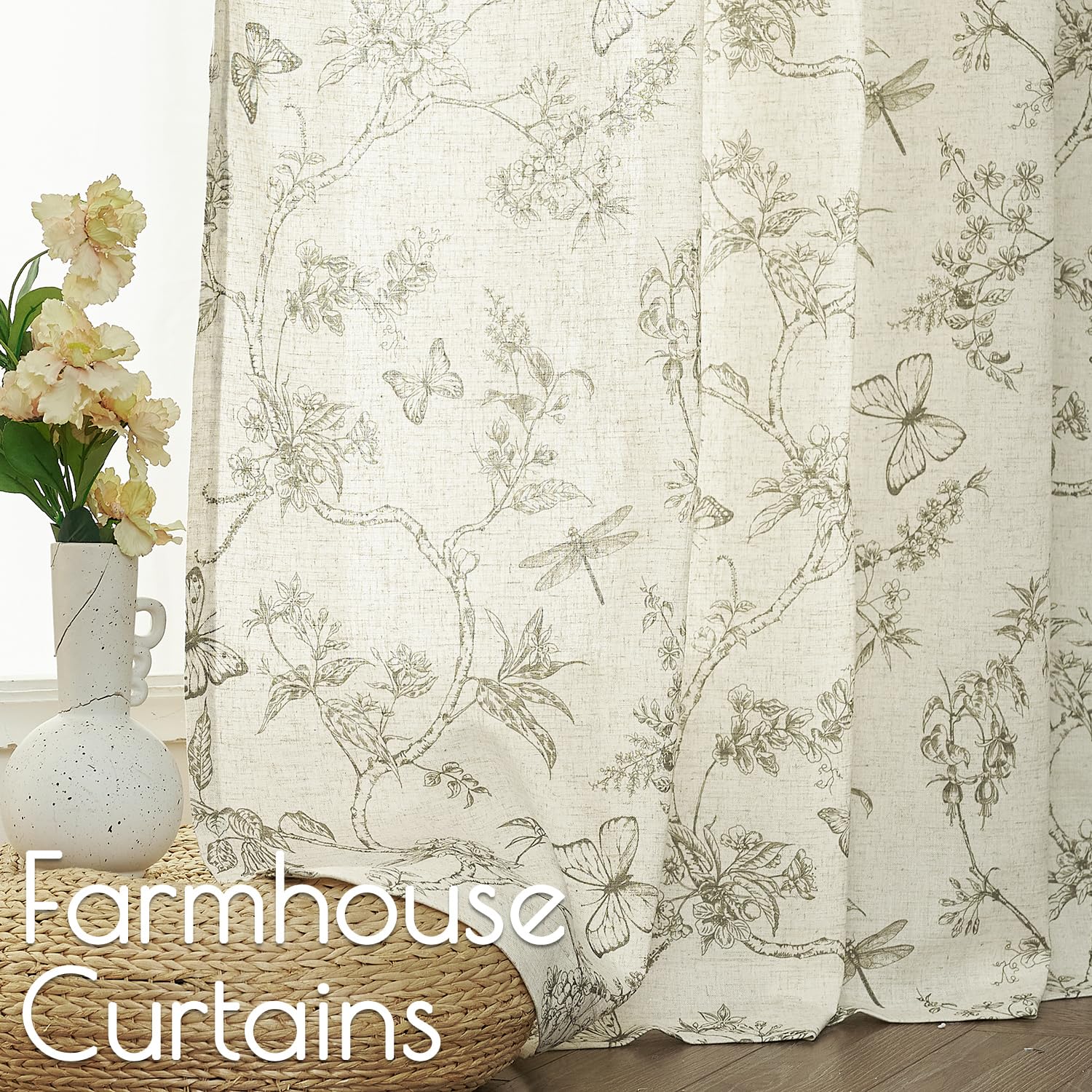 Lazzzy Linen Green Floral Curtains 90 Inch Length Farmhouse Curtain Back Tab Drapes For Living Room Bedroom Light Filtering Vint