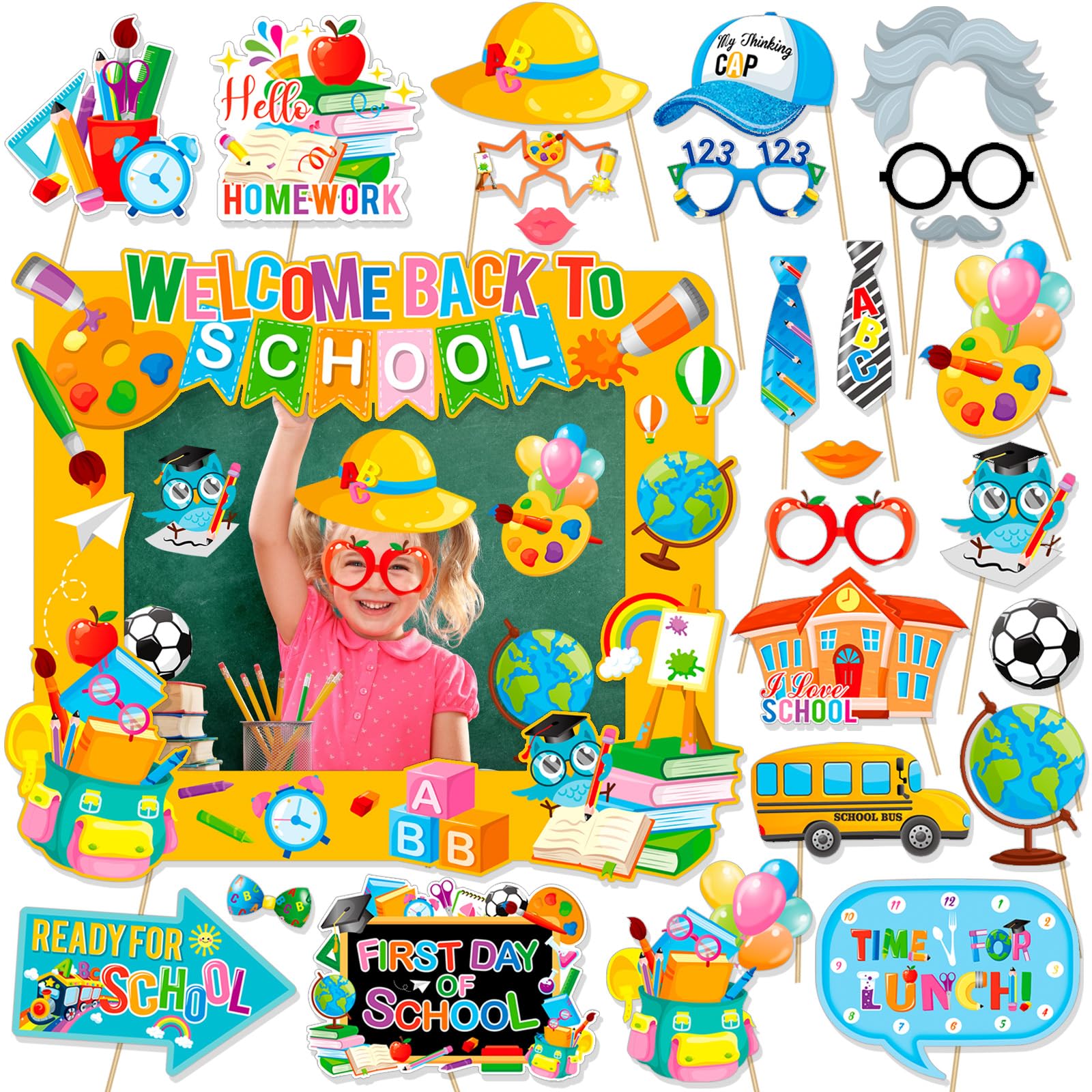 HOWAF Back to School Photo Booth Props Kit, 1 Welcome Back School Photo Booth Frame 25pcs First Day of School Selfie Props Kit, 
