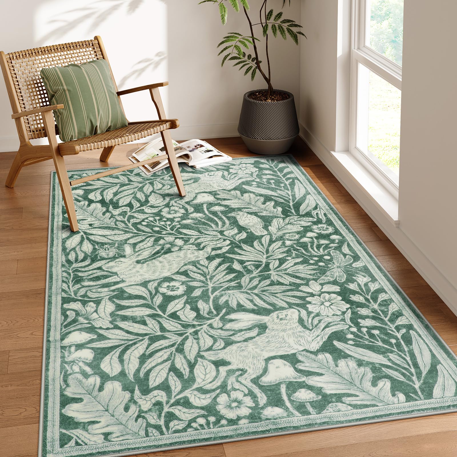 Lahome Forest Rabbit Living Room Area Rug 5x7, Soft Washable Rugs for Dining Room, Vintage Woodcut Print Green Bedroom Carpet, S