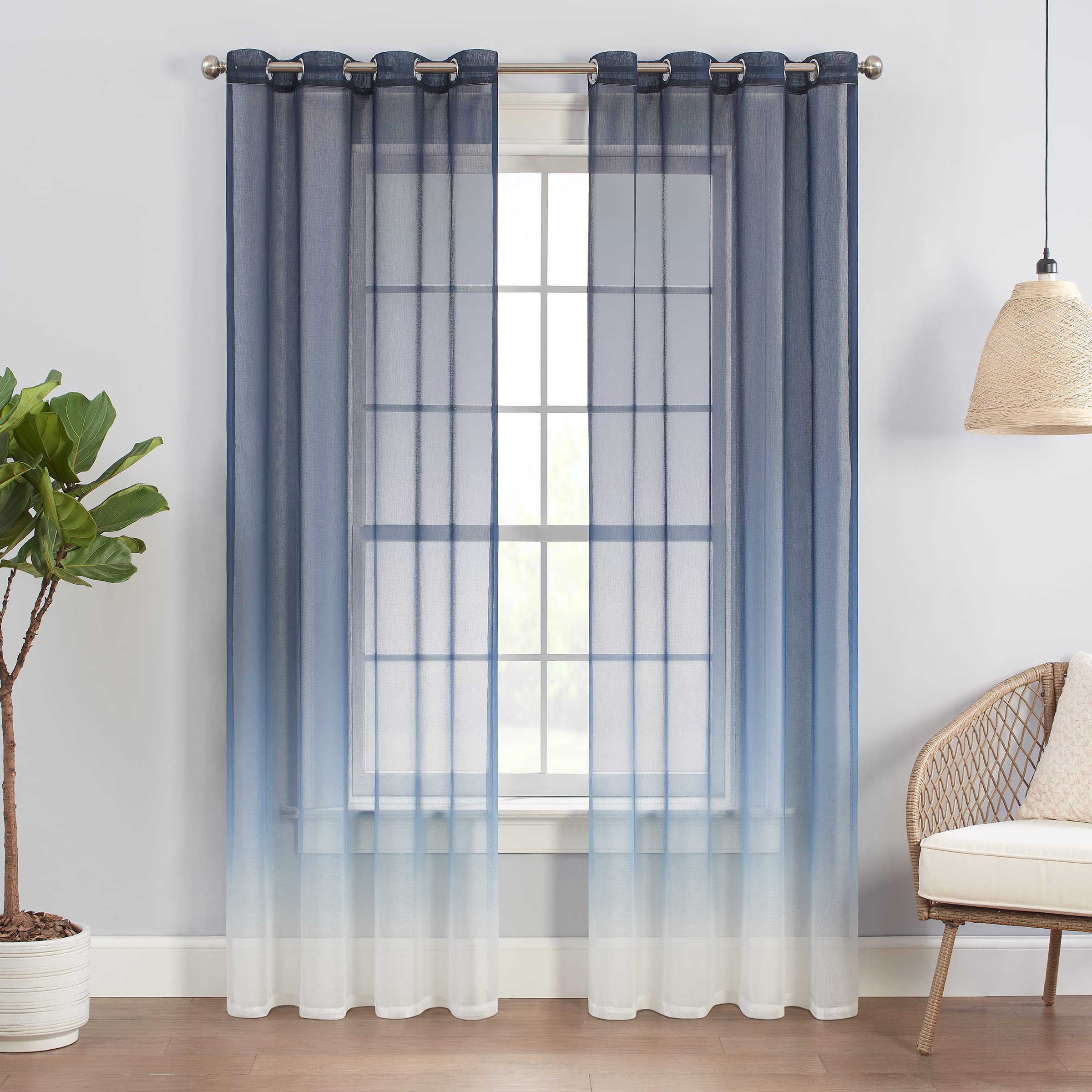 Eclipse Ines Printed Ombre Textured Light Filtering Grommet Window Curtains For Bedroom (2 Panels), 52 In X 108 In, Indigo