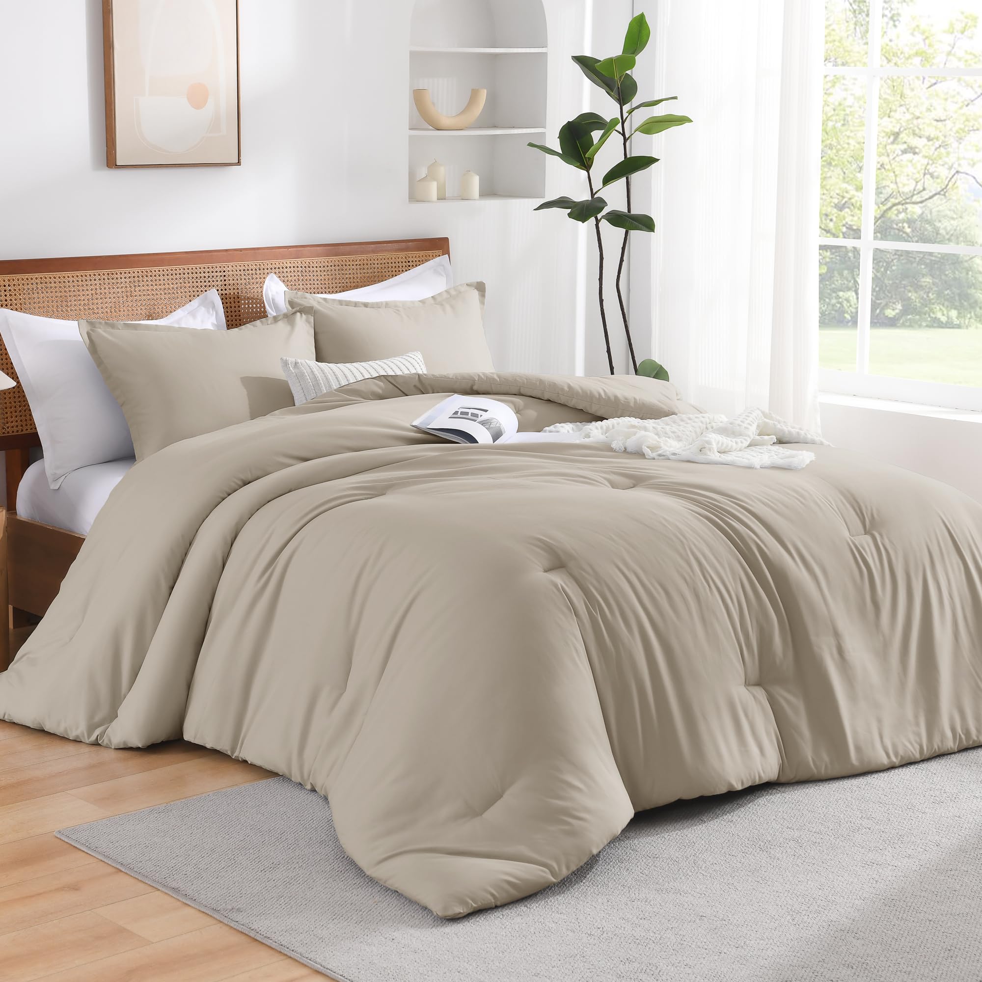 Andency Oatmeal King Size Comforter Set, Wheat Boho Lightweight Solid Bedding Set 3 Pieces, Fluffy Soft All Season Bed Set(104X90In Comforter & 2 Pillowcases)