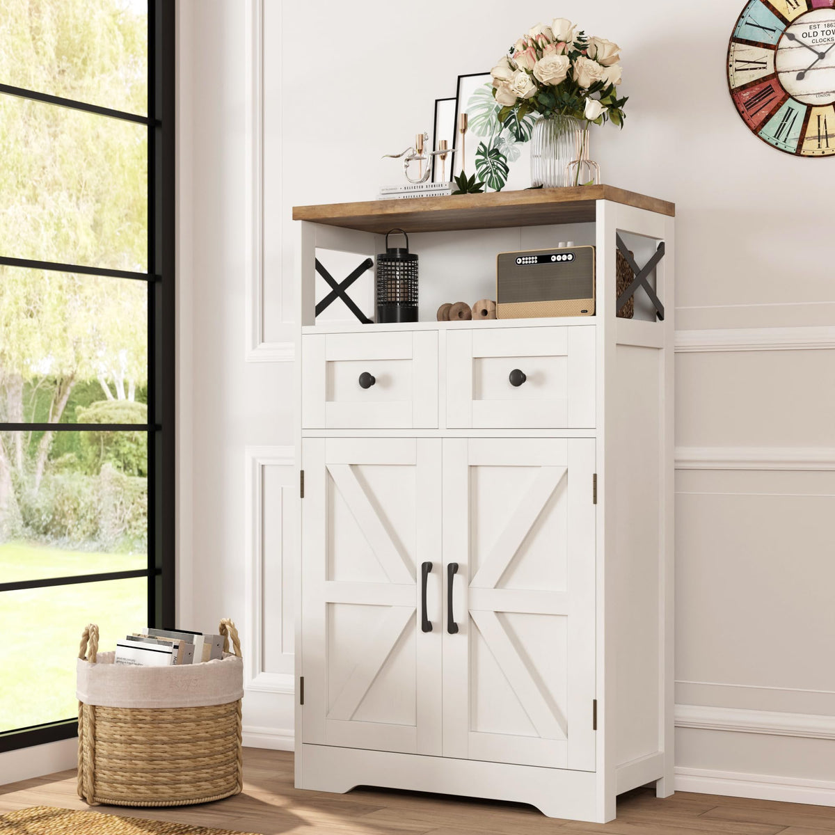 Befrases Farmhouse White Storage Cabinet With Doors And Drawers, Freestanding Kitchen Pantry Cabinet, Floor Storage Cabinet Hutc