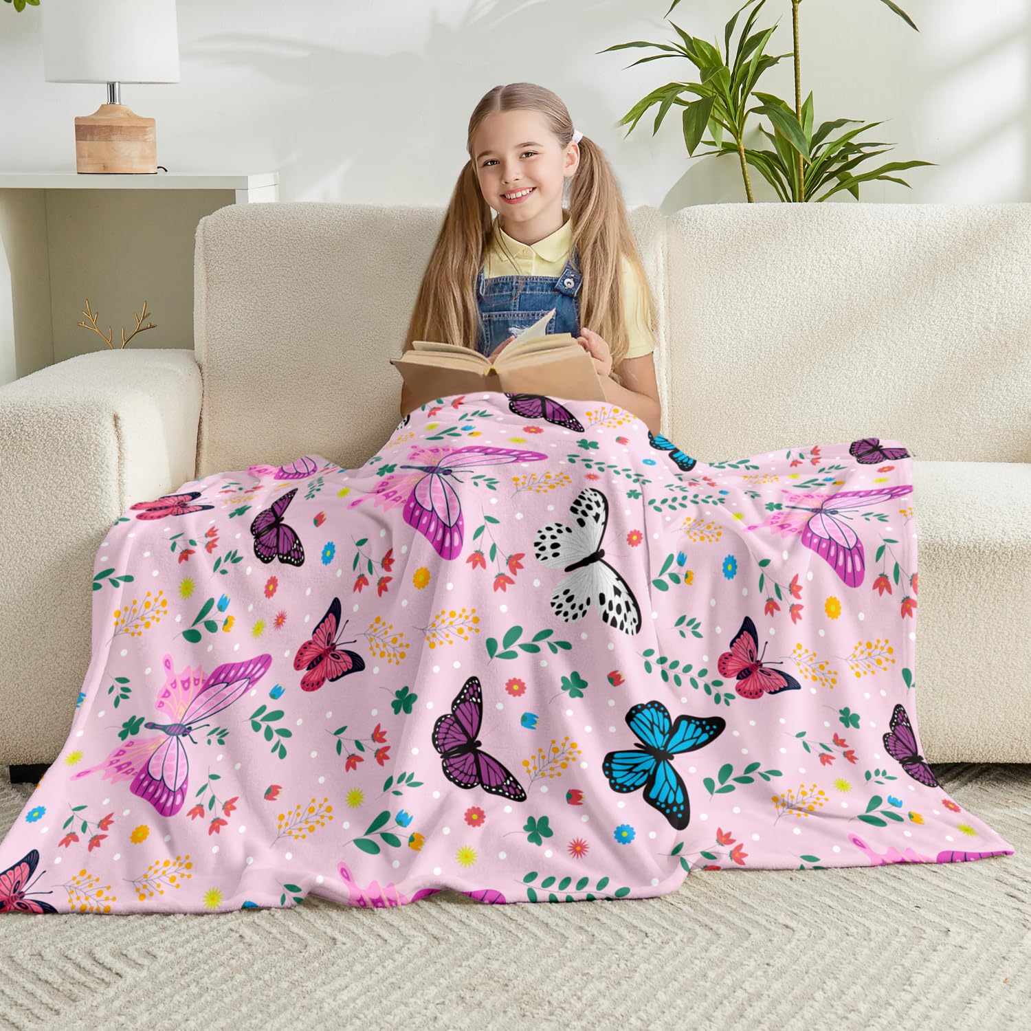 Jameswish Butterfly Throw Blanket For Girls Teens Toddler Pink Soft Fuzzy Flannel Bed Blanket For Kids Adults Plush Colorful Flo