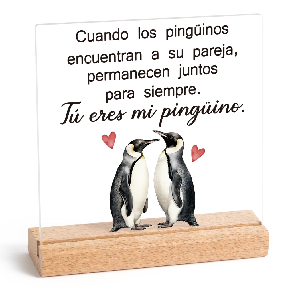 Yopyame Acrylic Plaque with Wooden Stand, "I Love You" Spanish Design, Romantic Penguin, 5.9x5.9 Inch