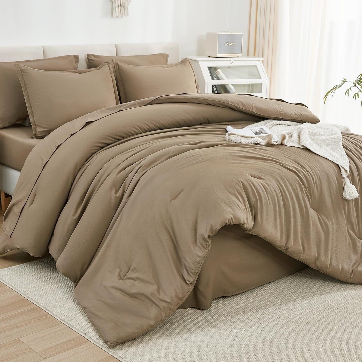 Litanika Queen Comforter Set Taupe - 7 Pieces Bed In A Bag Queen Beddding Comforter Sets, Solid Lightweight Bed Set With Comfort