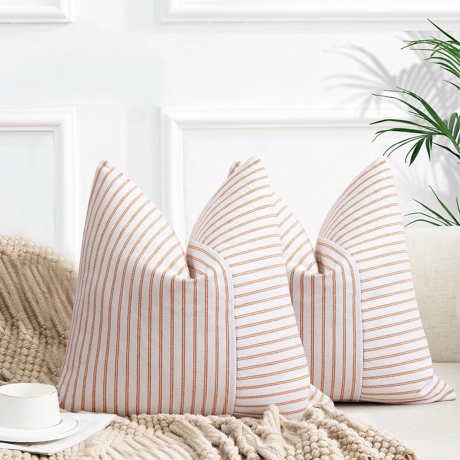 Ycoll Farmhouse Pillow Covers 24X24, Modern Accent Throw Pillow Covers Set Of 2, Burnt Orange Striped Patchwork Linen Decorative
