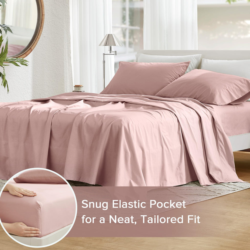 Comfort Spaces 100% Cotton Sheets Full, Breathable & Ultra Soft Cotton Sheets, Naturally Cool Cotton Bed Sheets With 14' Elastic Pocket Fits Up To 16' Mattress, All Seasons Sheet Set, Pink 4 Piece