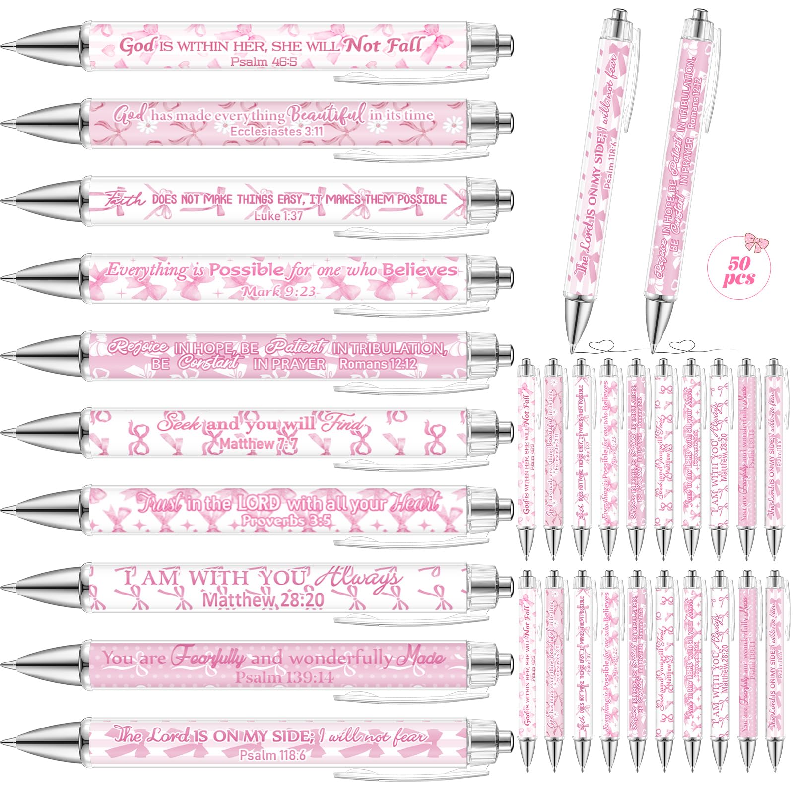 Sayglossy 50 Pcs Christian Pens Bulk Pink Bow Christmas Religious Gifts for Women 1.00mm Coquette Ballpoint Pens Bible Verse Ins