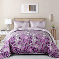 Wongs Bedding Purple Floral Quilt Set Queen Size, 3 Pieces Botancal Leaves Bedspread Coverlet Set With 2 Pillowcases For All Sea