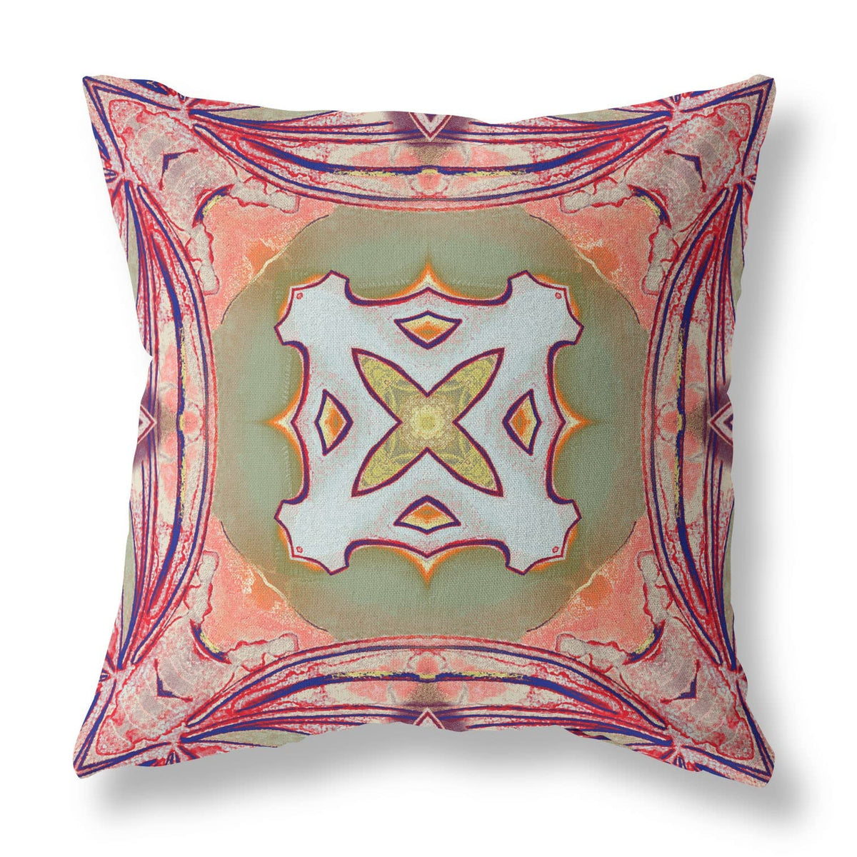 HomeRoots Peach Magenta Green Broadcloth 28â€ Magenta Green Geo Tribal Indoor Outdoor Throw Pillow