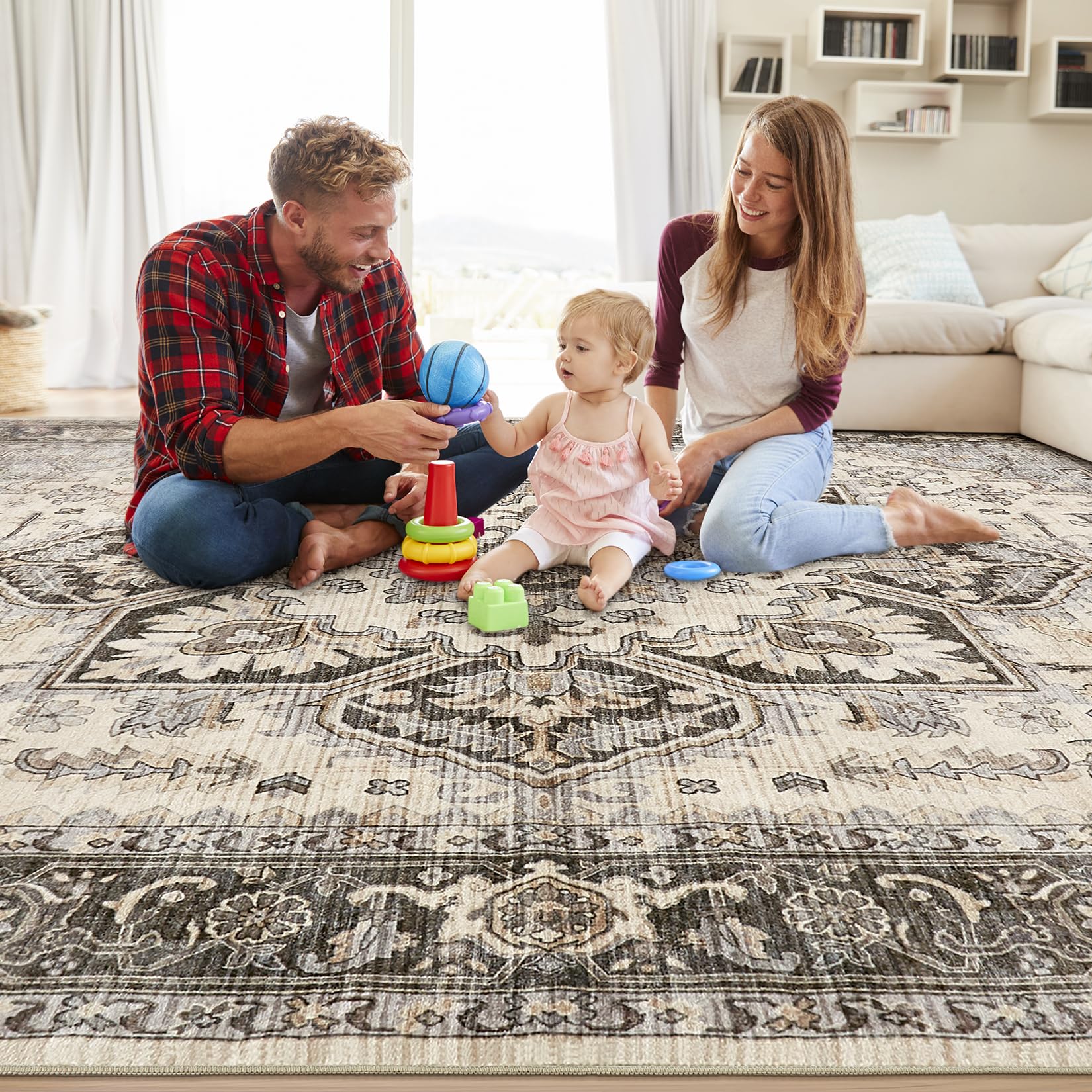 Homewill Area Rug Living Room Rugs - 9X12 Soft Machine Washable Oriental Vintage Floral Distressed Rug Large Indoor Floor Carpet