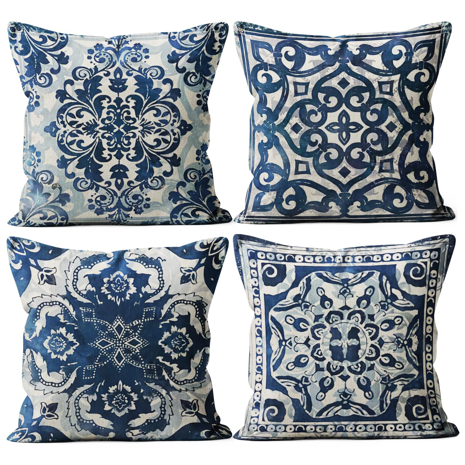 M-Qizi Blue Throw Pillow Covers - Linen Blue Pillow Covers 18x18 Set of 4, Decorative Blue and White Pillow Covers, Chinoiserie 