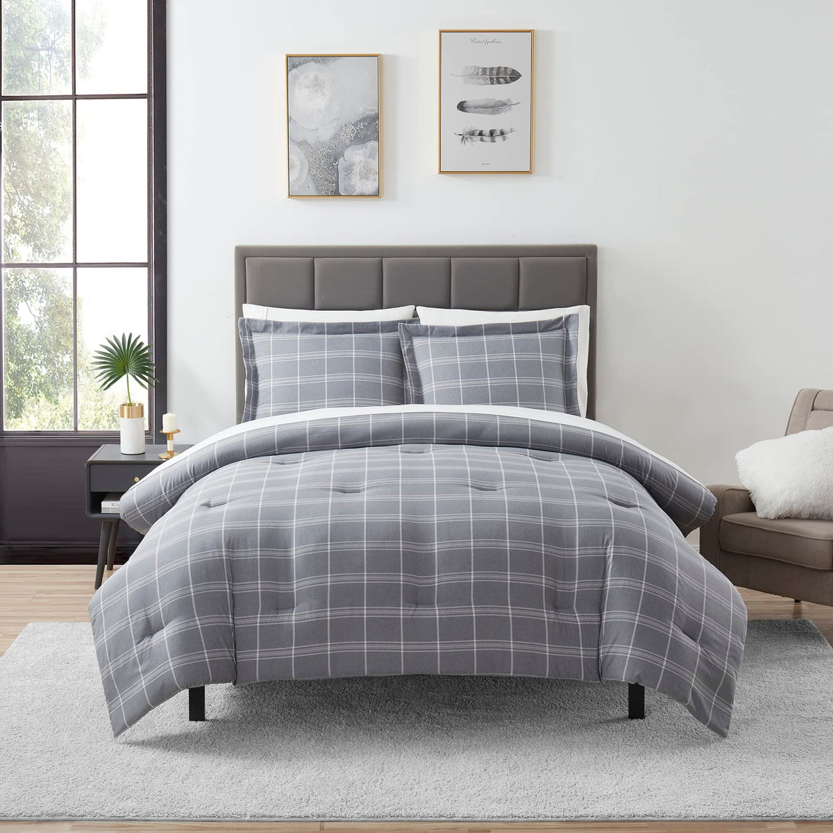 7 Piece Comforter Set Bag Solid Color All Season Soft Down Alternative Blanket & Luxurious Microfiber Bed Sheets, Full, Gray Pla