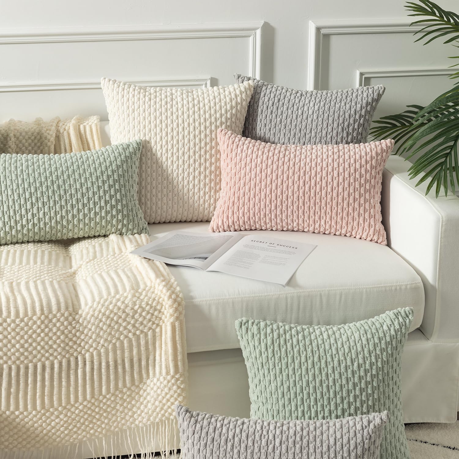 Kevin Textile 2 Packs Cream White Decorative Throw Pillow Covers 26X26 Inch For Living Room Couch Bed Sofa Rustic Farmhouse Boho Home Decor Soft Striped Corduroy Square Cushion Case 66X66 Cm