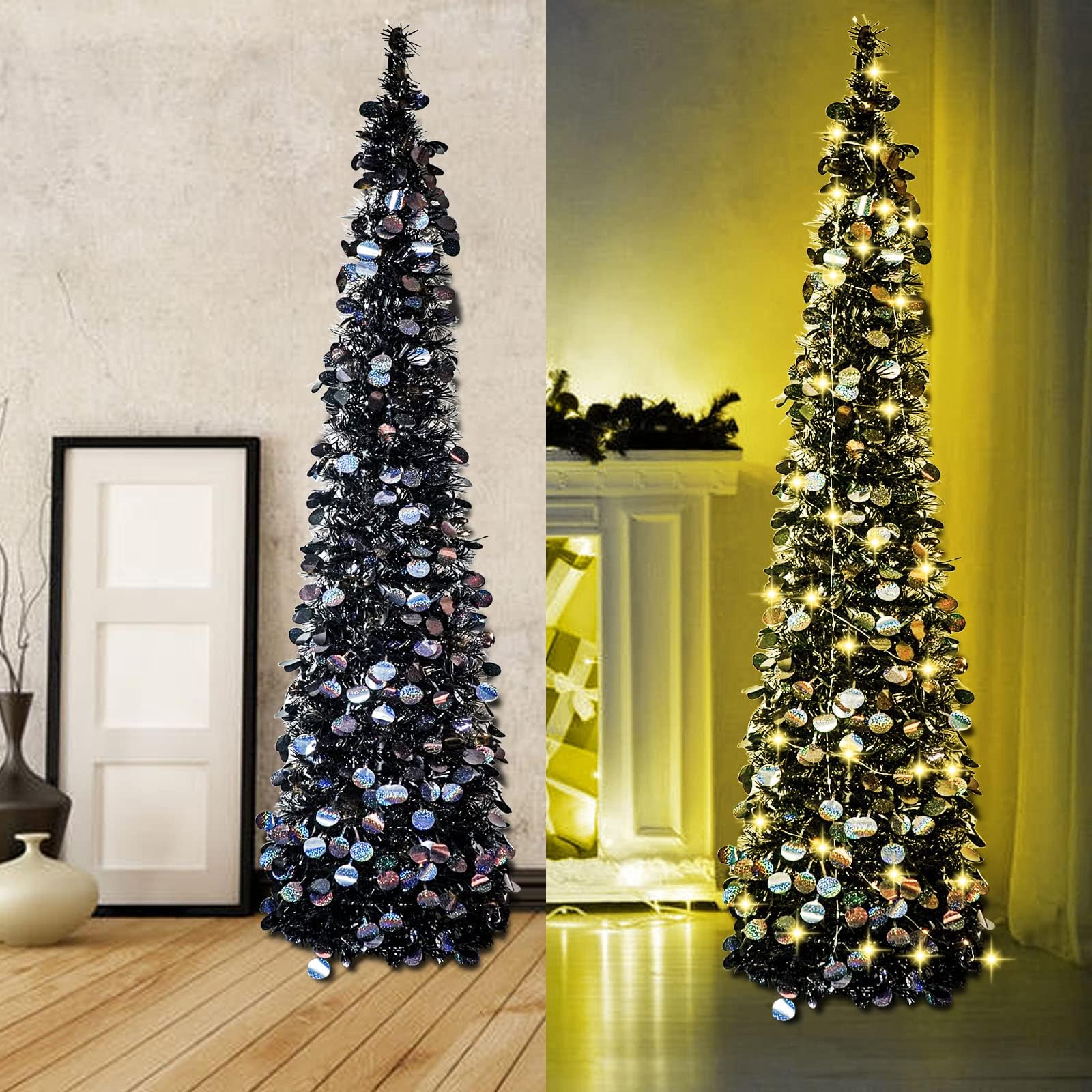 5ft Black Halloween Christmas Tree with 50 Lights, Pop Up Artificial Collapsible Pencil Tree,Lighted Tinsel Trees for Home Decor