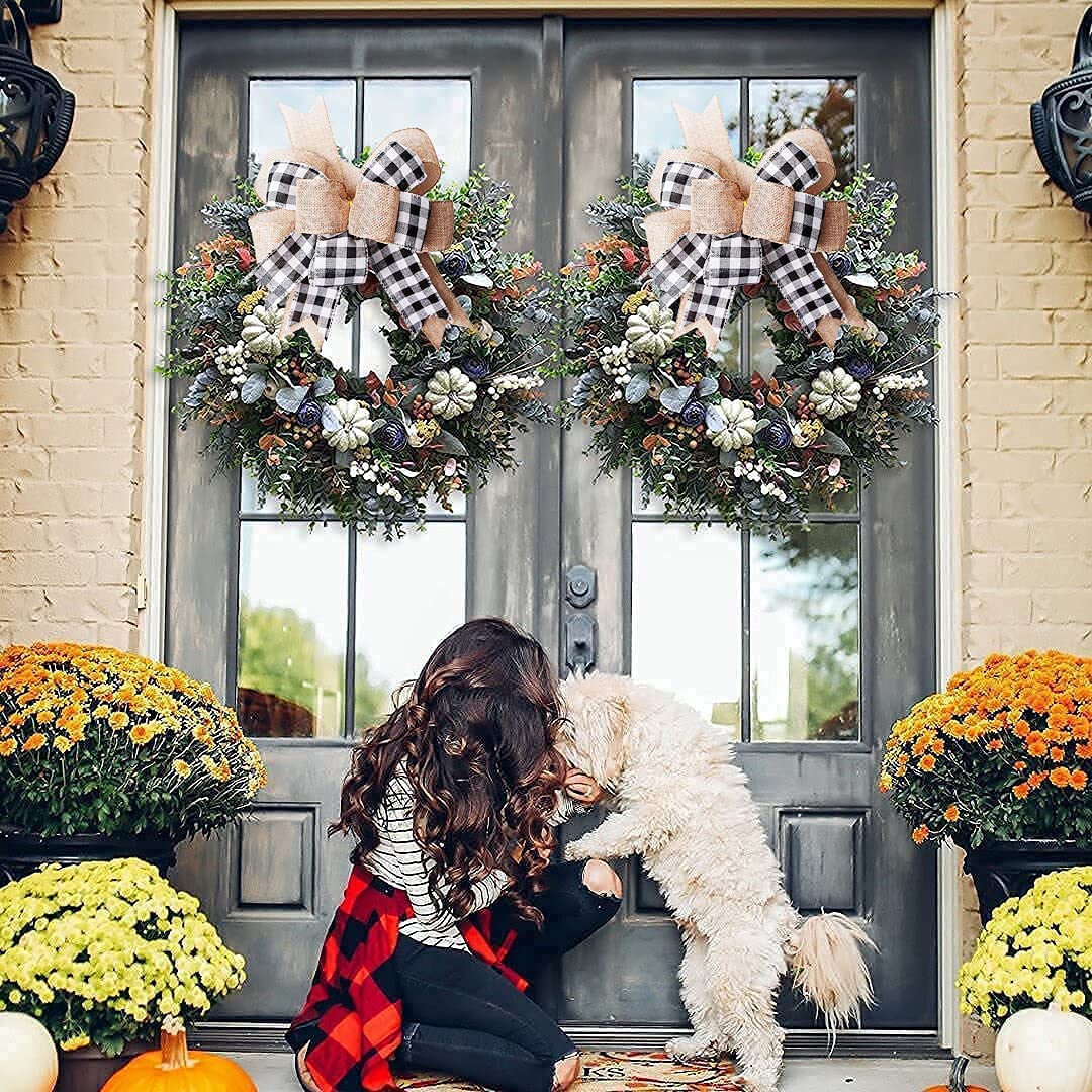 Hongsome Buffalo Plaid Burlap Bows For Wreath 2 Pack,12   X9.4   Large Rustic Farmhouse Decor Tree Topper Check Bow Decorations