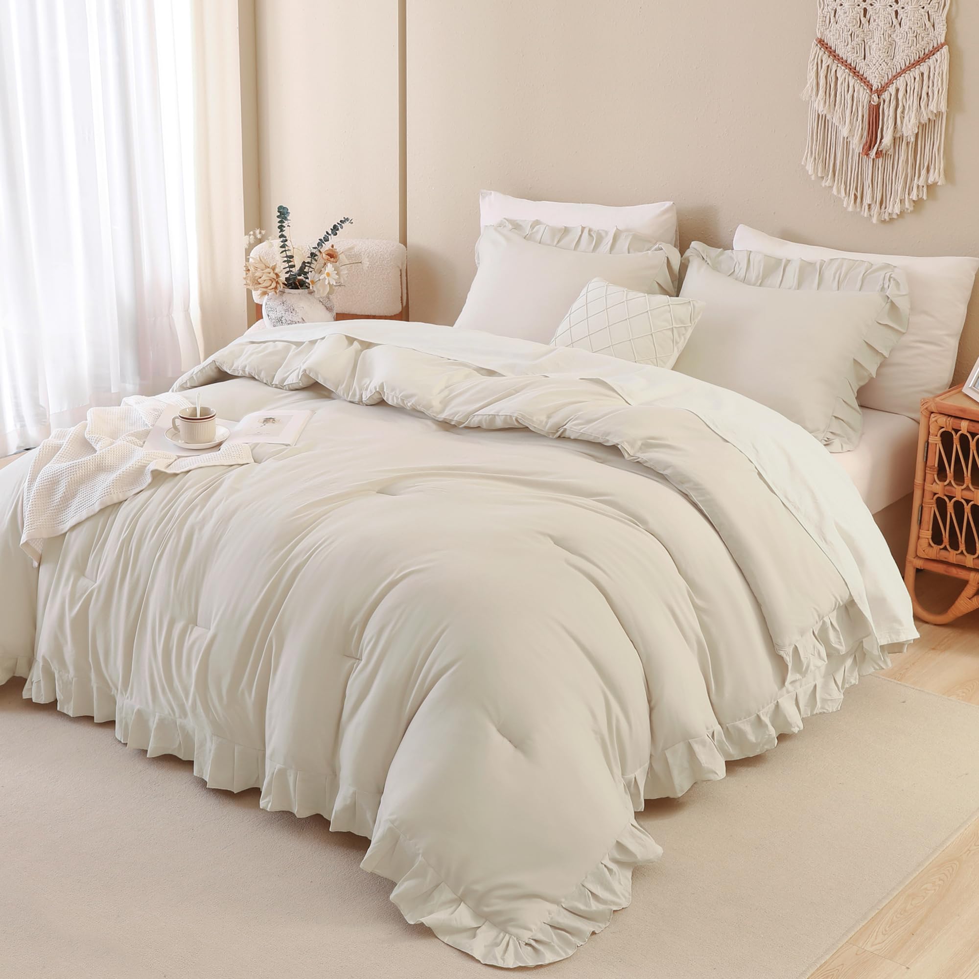 Andency Beige Comforter Set Queen Size, 3 Pieces Shabby Chic Ruffle Bedding Comforter Sets For Queen Bed, Lightweight Fluffy Soft Microfiber Farmhouse Comforter Set