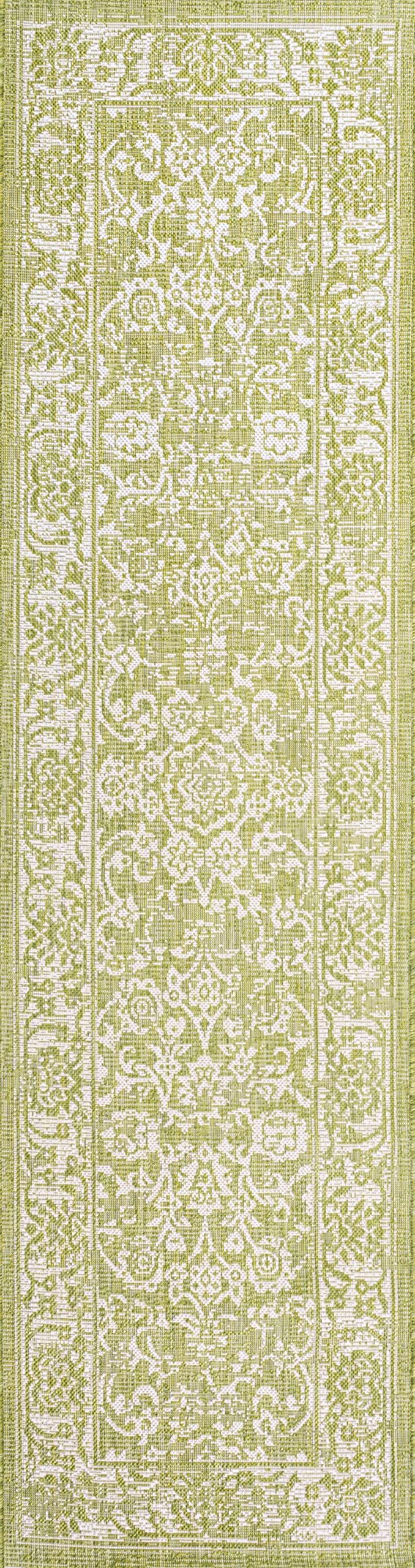 Jonathan Y Smb100D-210 Tela Bohemian Textured Weave Floral Indoor Outdoor -Area Rug, Coastal, Traditional, Transitional Easy-Cleaning,Bedroom,Kitchen,Backyard,Patio,Non Shedding, Green/Cream, 2 X 10