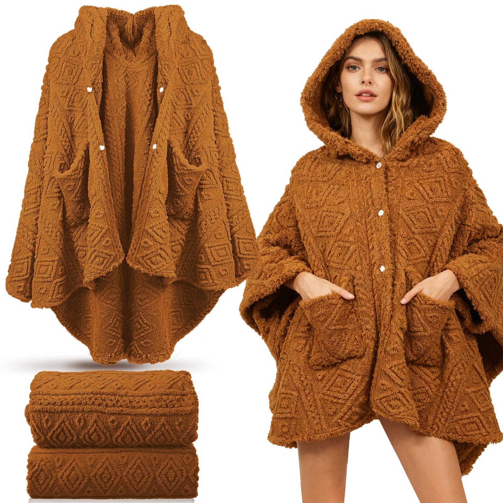 Mindsoft 2 Pcs Wearable Blanket Sherpa Fleece Shawl for Women Cozy Gifts for Mom Winter Warm Poncho Adults TV Throw Hooded(Brown
