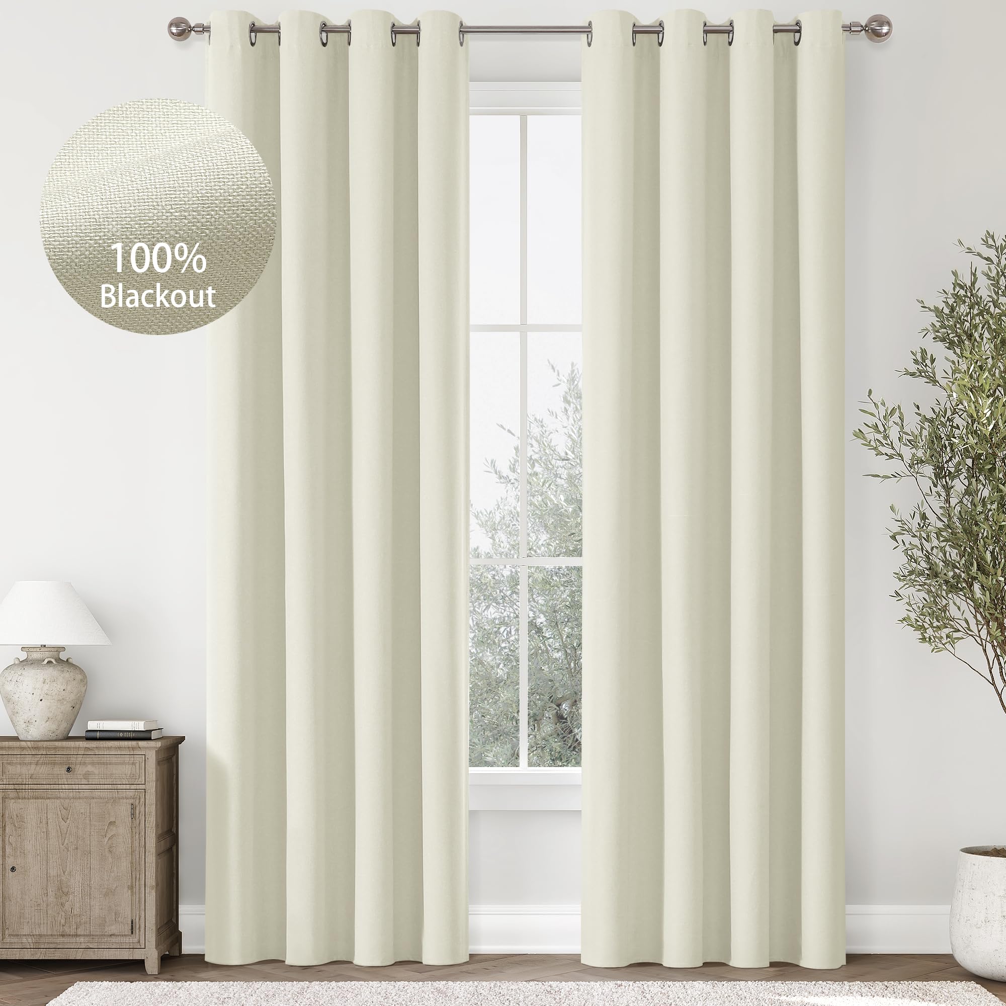 100% Blackout 90 Inch Curtains For Living Room Ivory White Linen Textured Thermal Curtain Drapes Sun Block Heat Reducing For Aes