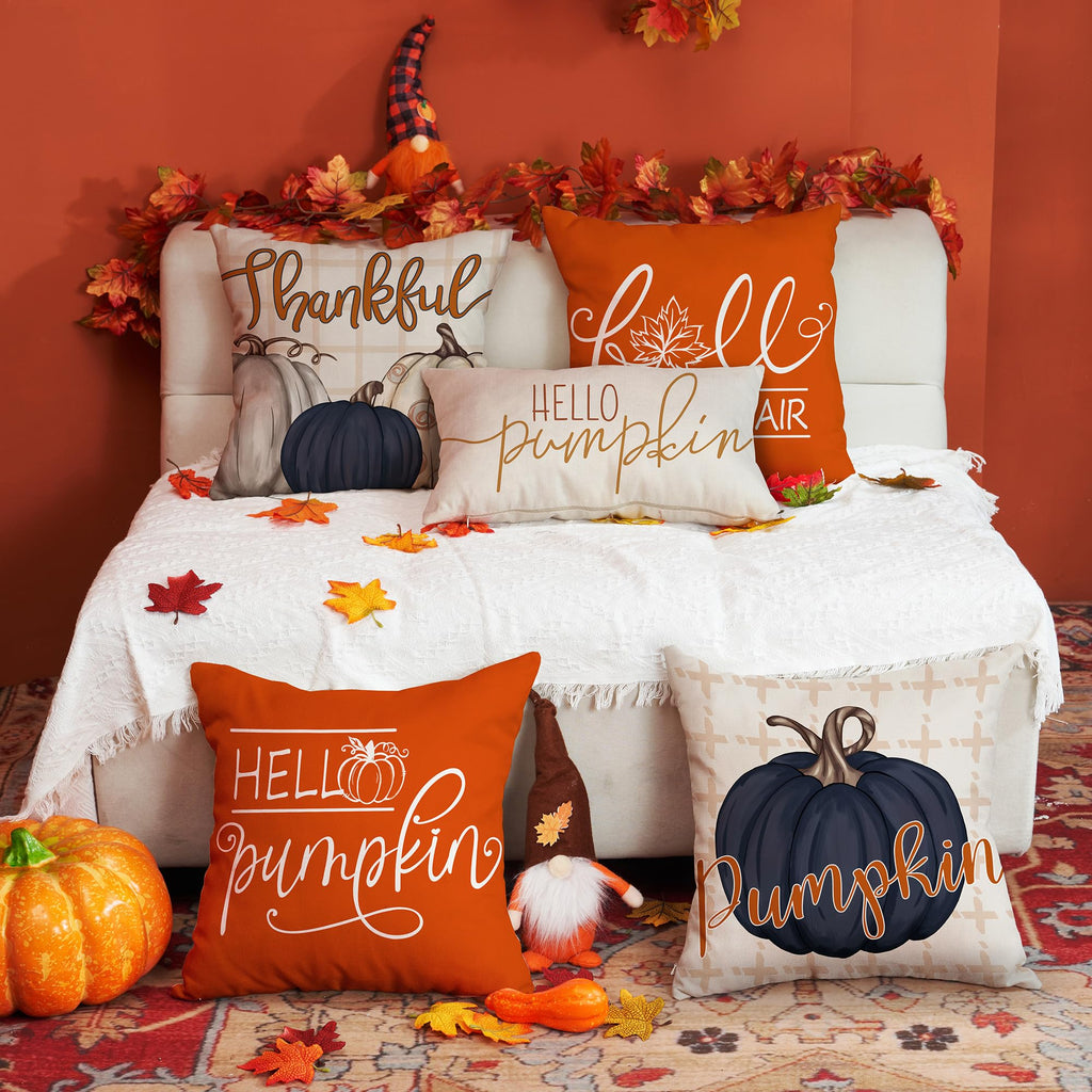 Dfxsz Fall Pillow Covers 16X16 Inch Set Of 4 Buffalo Plaid Fall Blue Pumpkin Throw Pillow Cover Autumn Thanksgiving Decoration F