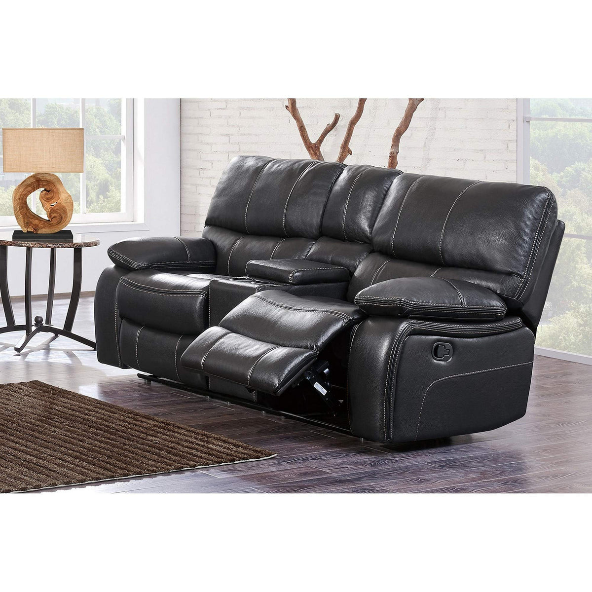 HomeRoots Wood, Metal Grey Console Reclining Loveseat in Waterfall Pattern Deeply Padded seat Cushions and Arm Rests