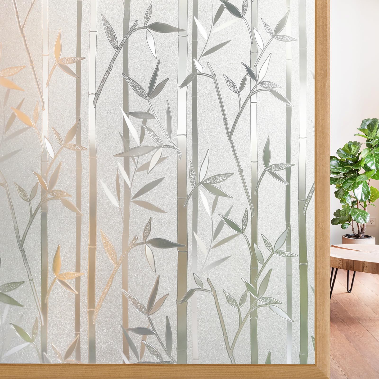 rabbitgoo Window Privacy Film Frosted Bamboo Pattern, Removable UV Blocking Stained Glass Decals Covering Decorative Window Clin