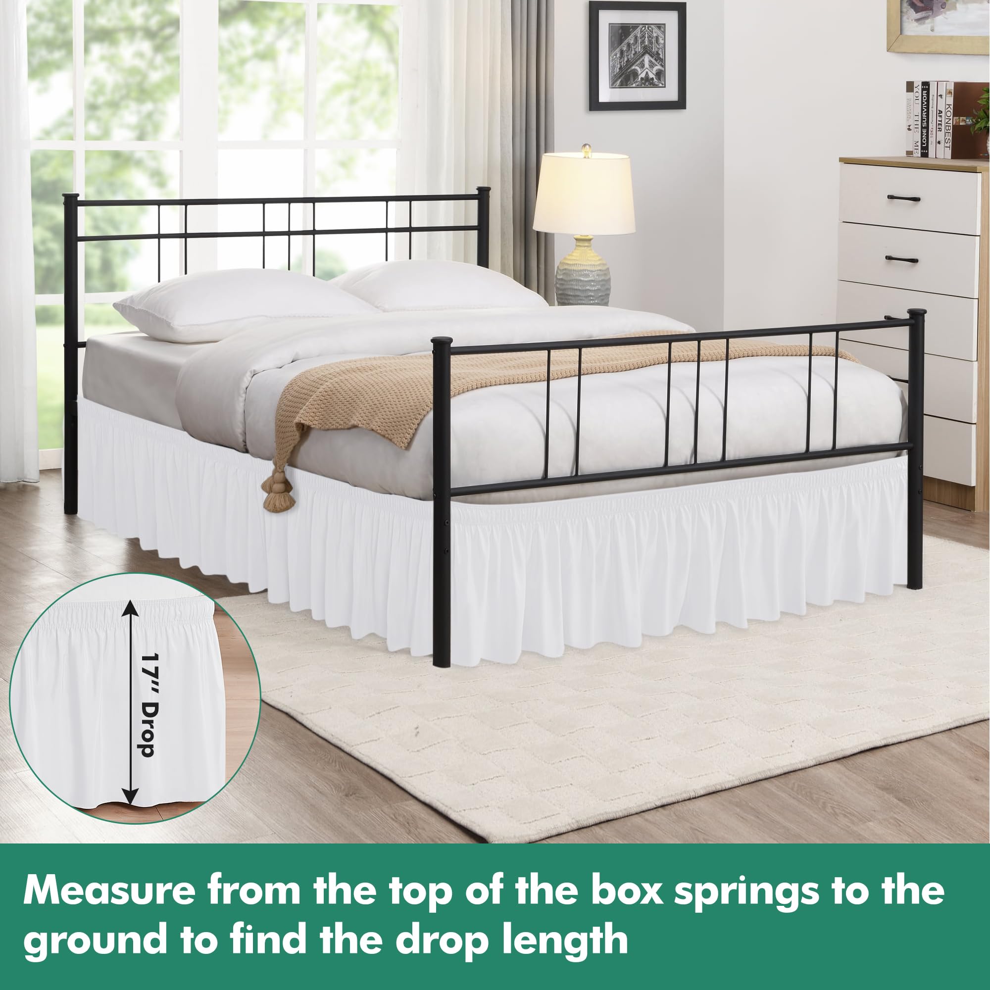 Biscaynebay Wrap Around Bed Skirts With Split Corners For Queen Beds 17' Drop, White Elastic Dust Ruffles Easy Fit Wrinkle & Fade Resistant Silky Luxurious Fabric Solid Machine Washable