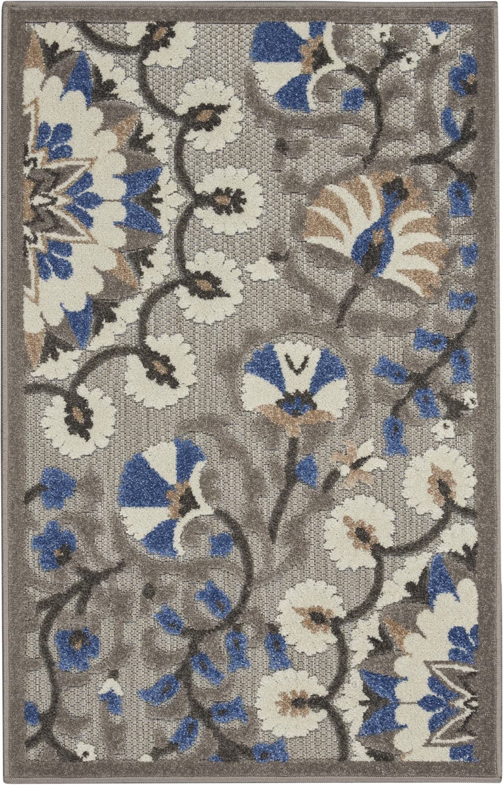 HomeRoots Grey/Multi 100% Polypropylene 3’ x 4’ Gray and Blue Vines Indoor Outdoor Area Rug