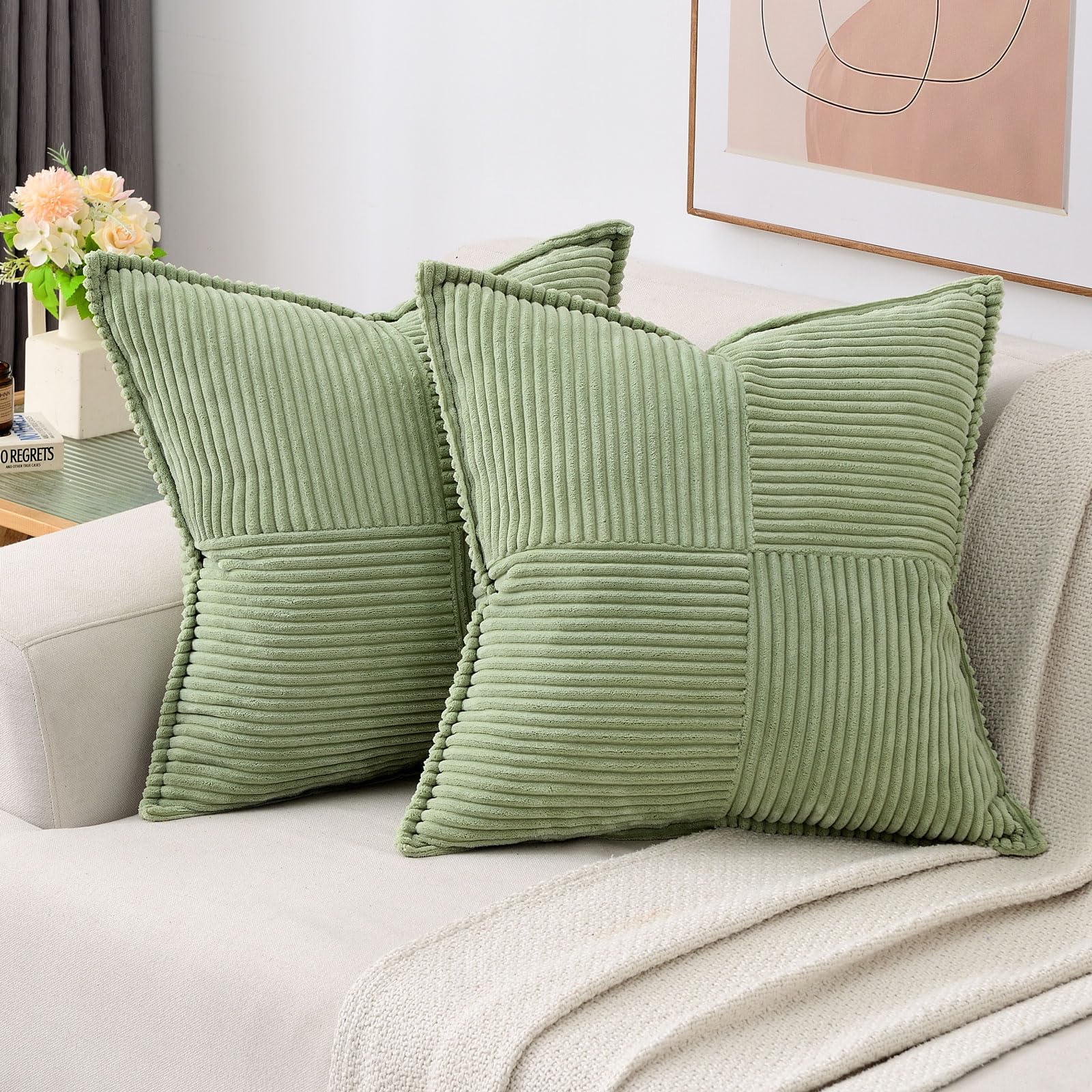 Haussy Sage Green Throw Pillow Covers 18X18 Inch Set Of 2,Soft Solid Corduroy Striped/Wide Bordered,Square Decorative Cushion Ca